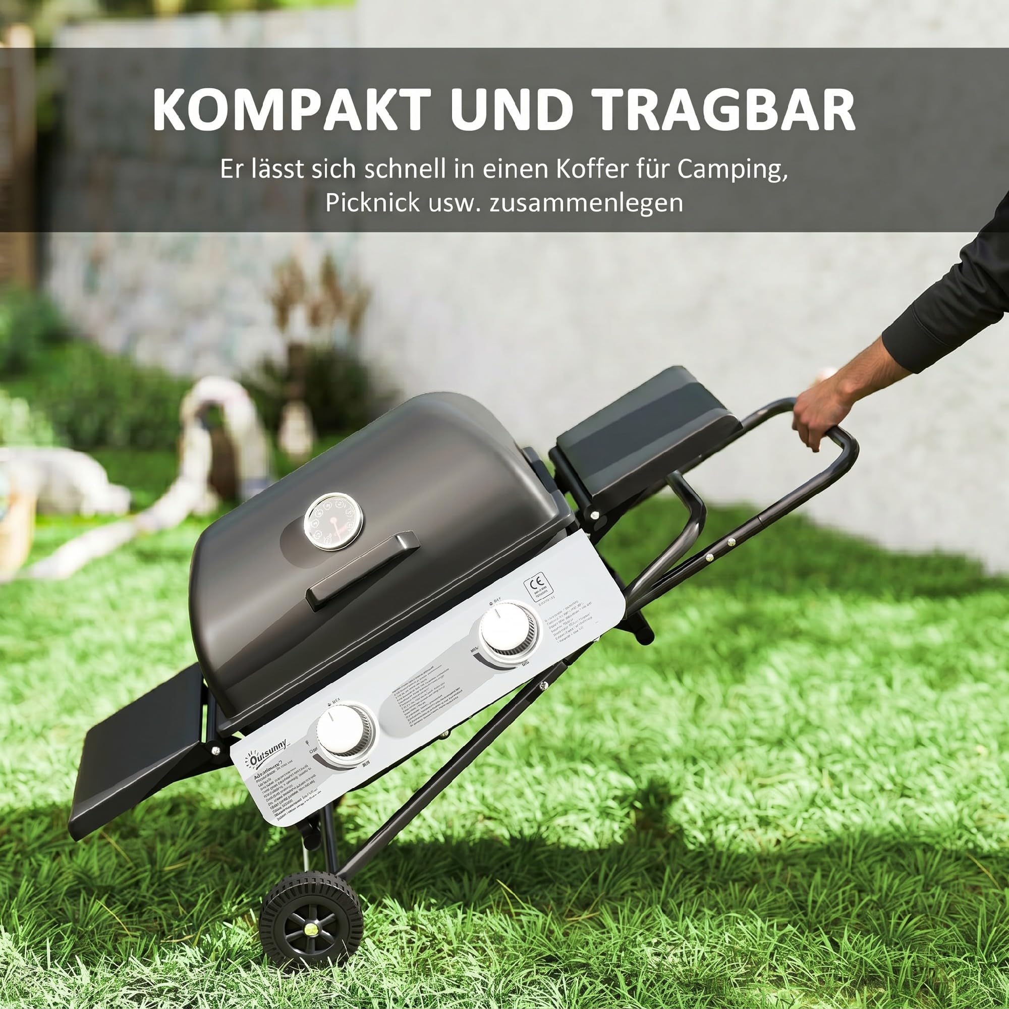 Outsunny Gasgrill 5,6 KW mit 2 Edelstahl-Brennern, klappbarer Grillwagen, Seitenablagen, Rollen, Deckel mit Thermometer, Druckminderer und Gasschlauch, BBQ Gartengrill, Camping-Grill 101 x 50 x 102 cm