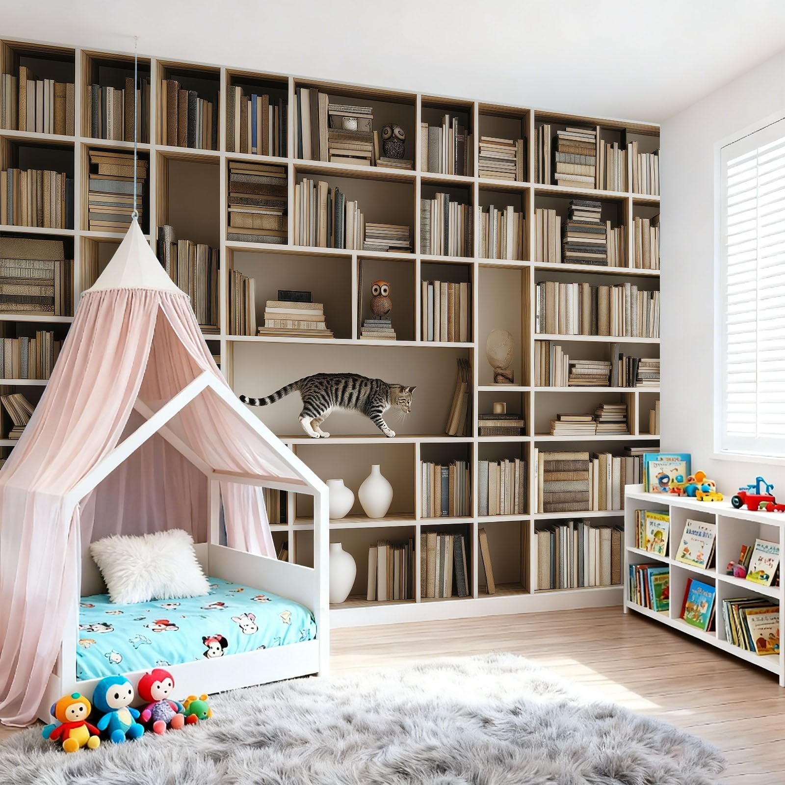Carta da parati fotografica moderna con libreria, 200 x 140 cm, motivo classico, animali, gatti, camera da letto, soggiorno, cameretta dei bambini, effetto 3D, carta da parati in tessuto non tessuto