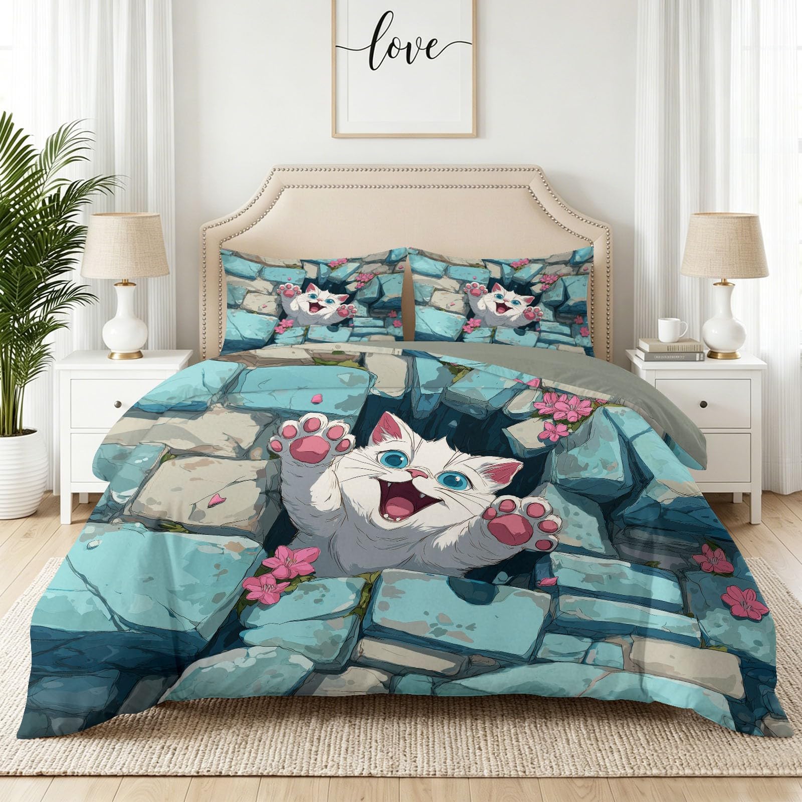 Juego de funda de edredón y funda de almohada de dibujos animados terapéuticos, tamaño Super King, diseño de pared de piedra de gato blanco, ropa de cama de microfibra suave, 260 x 220 cm, reversible