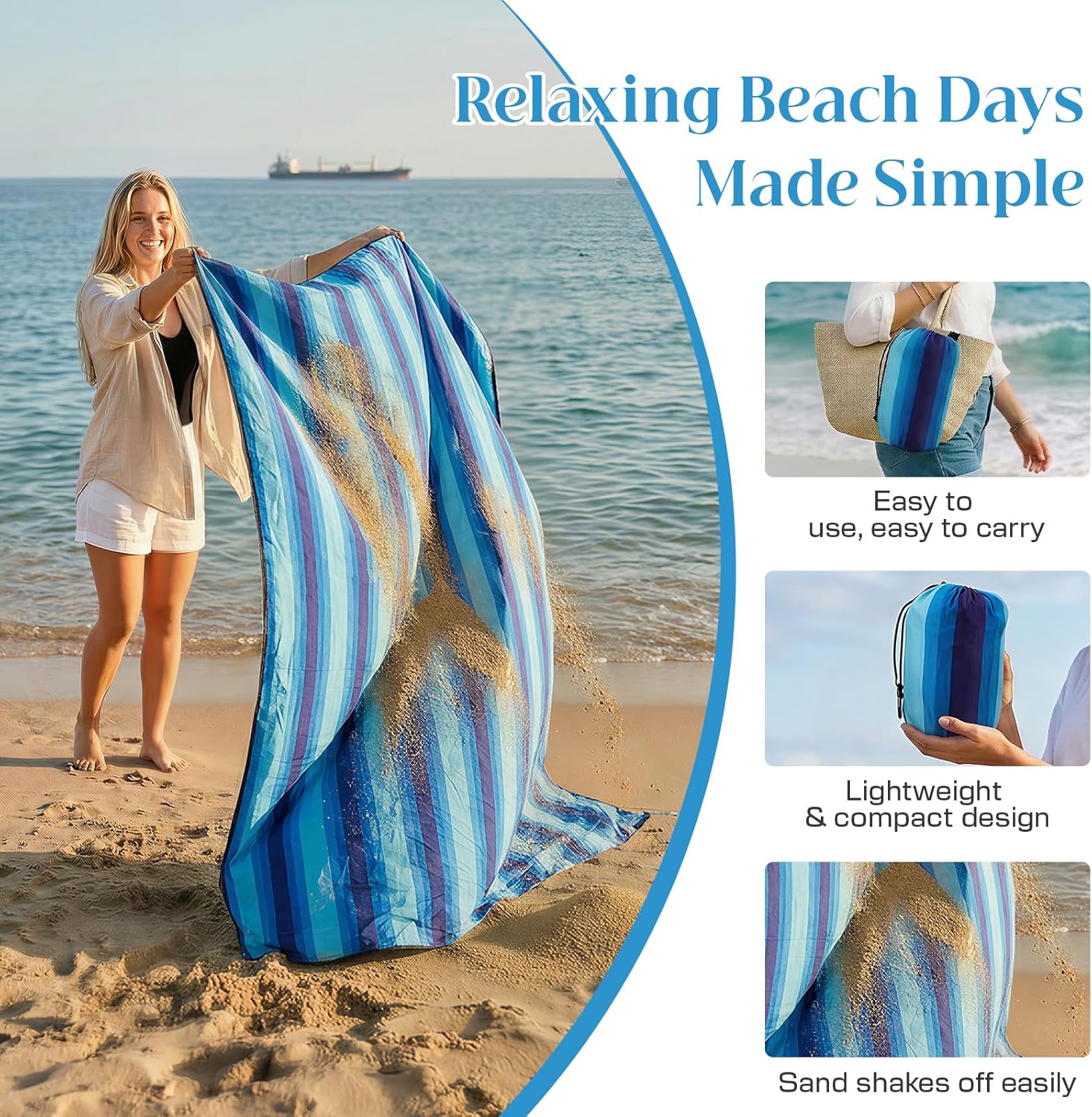 OIGAE Extra Large Beach Blanket, 10×10 ft Sand-Free Outdoor Picnic Mat for Groups, Water-Resistant Windproof Blanket with Stakes, Blue Stripe