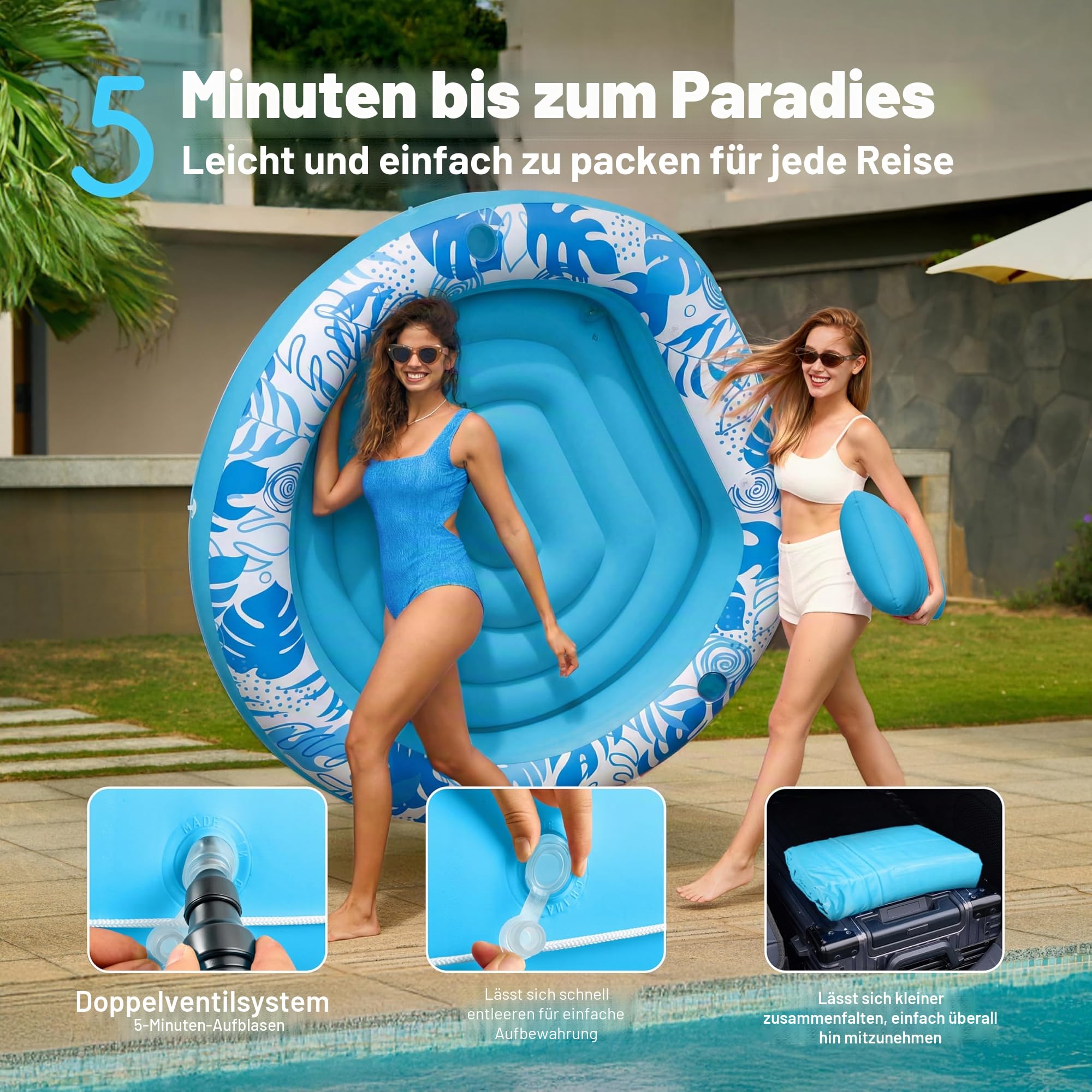 Sloosh Aufblasbare Sonnenpool,Luftmatratzte Pool 183 x 165 cm, Schwimmring für Erwachsene mit Kissen, Luftmatratze Schwimmen,Luftmatratze Wasser für Erwachsene, Sommerspaß, Wasserparty