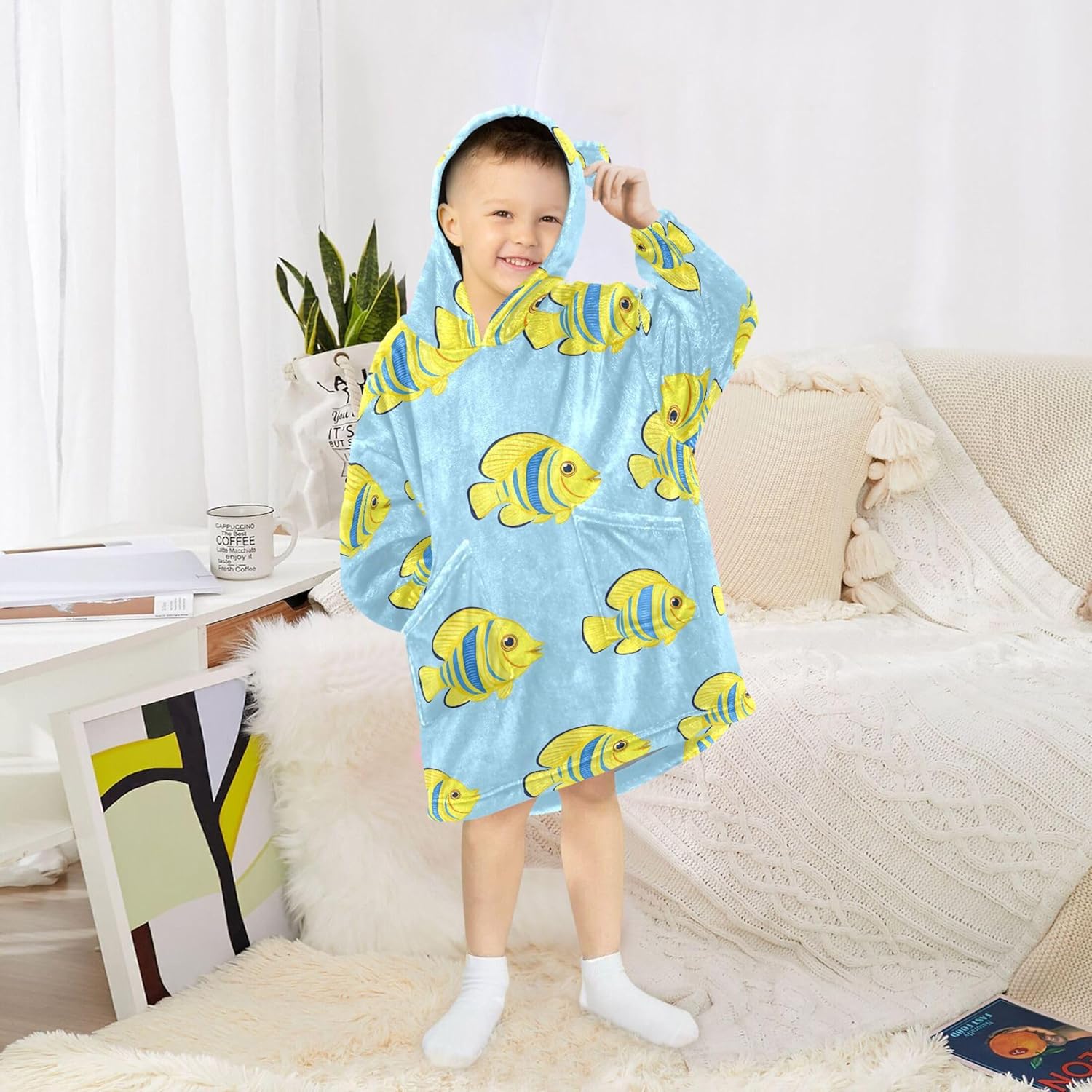Cute Fish Kids Wearable Blanket Hoodie with Pocket and Sleeves for Toddlers, Cute Hoodies 3-14 Year Girls Boys