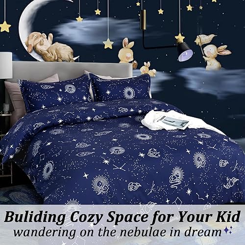 Vista 3 de ZHH E-COMMERCE Juego de funda de edredón individual para niños, funda de edredón de constelación de 3 piezas (1 funda + 2 fundas de almohada), Blue