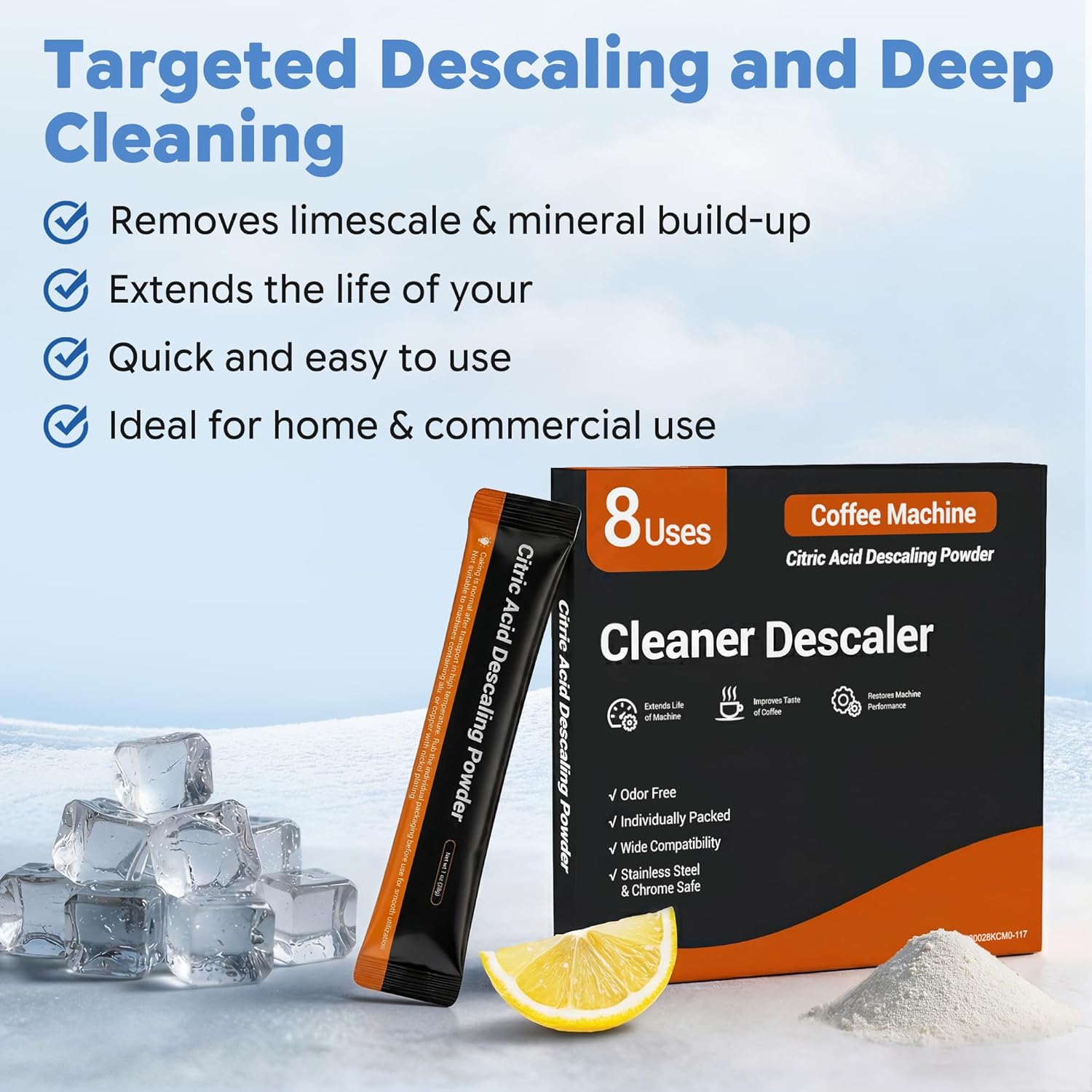 Electactic Coffee Machine Cleaner & Ice Maker Descaler | 8 Use & Individually Packed | Organic Citric Acid Descaling Powder, Descale Drip Coffe and Espresso Machines Ideal for All Brands-White