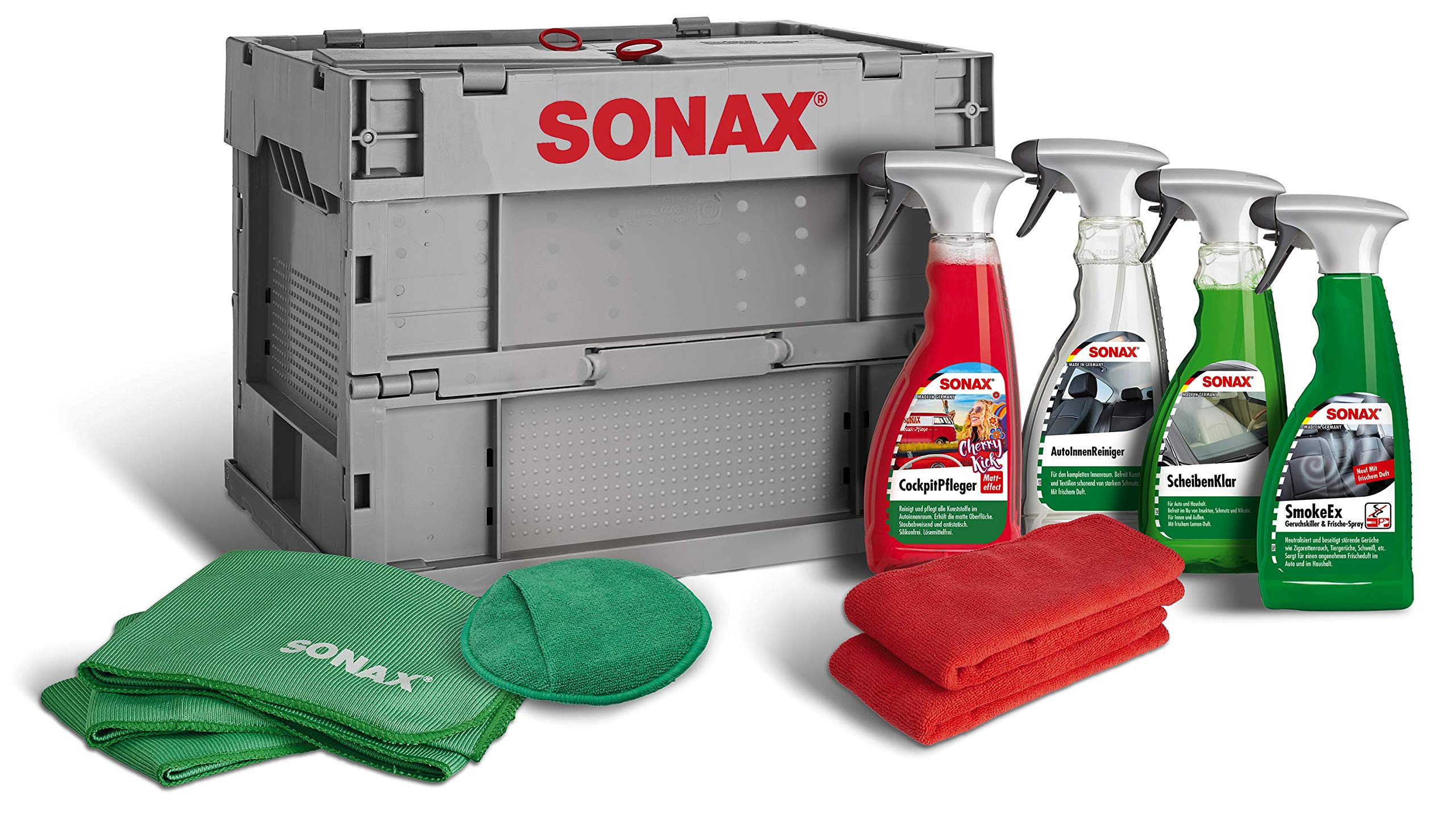 SONAX TruckerBox Pacchetto: Scatola per la cura degli interni (7 pezzi) Prodotti di alta qualità + accessori per la pulizia e la cura degli interni ideale per i viaggi | Articolo n. 07685410