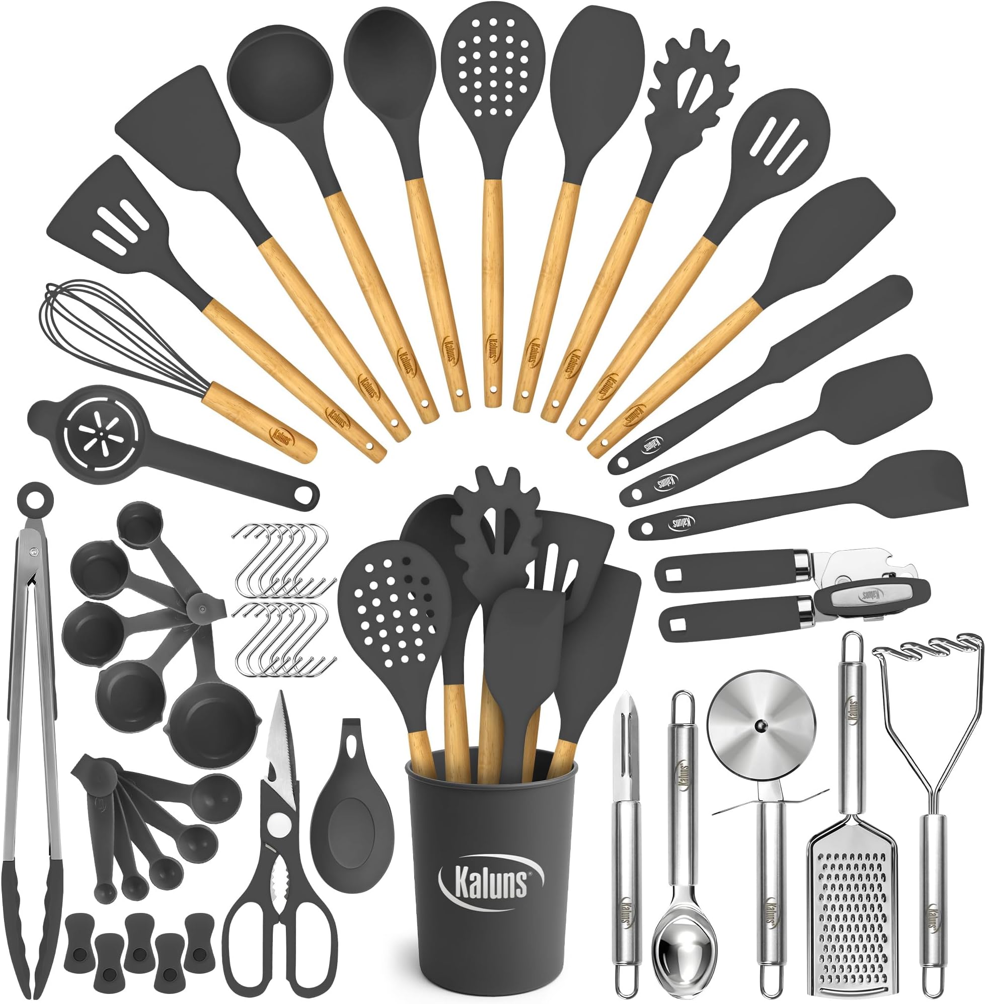 Kaluns 50 PCS Silicone Kitchen Utensils Set Complete Kitchen Set - 800°F Heat Resistant Non-Stick Premium Cooking Utensils W Wooden Handles - Can Opener, Masher, Turner, Silicone Spatula Set