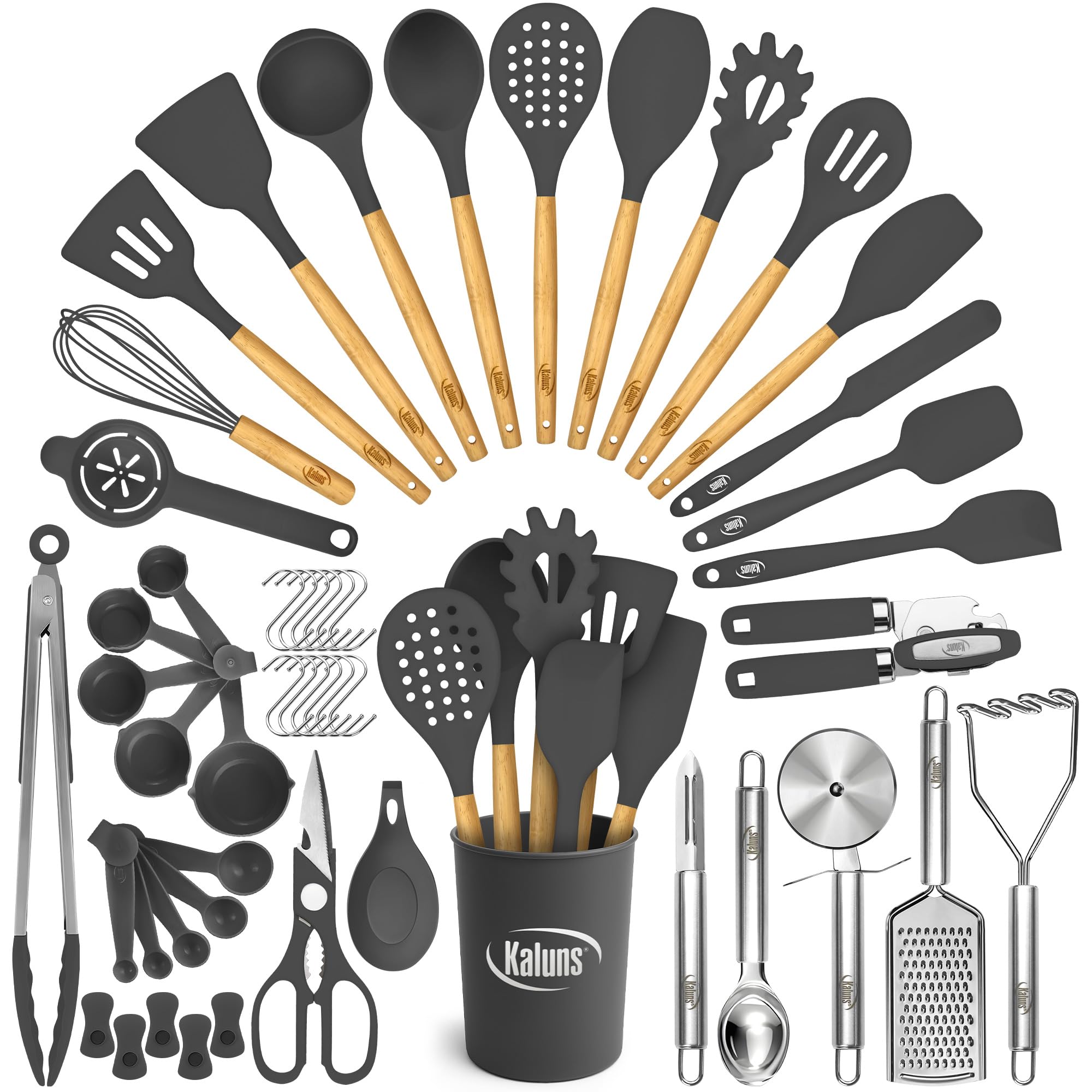 Kaluns Juego completo de 50 utensilios de cocina de silicona, resistentes al calor, antiadherentes, con asas de madera, abrelatas, machacador, volteador, espátula de silicona