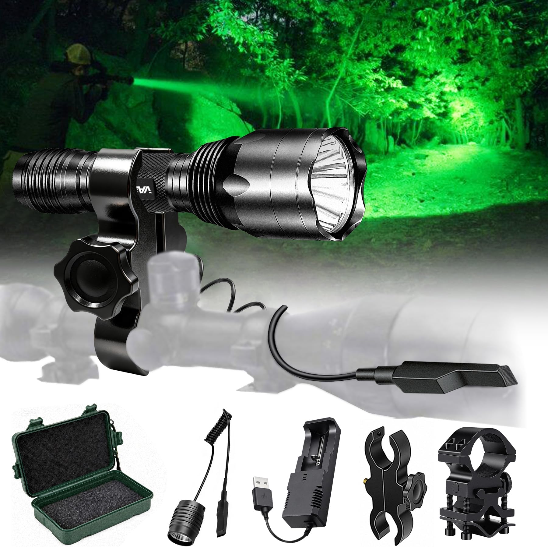 350 Yard LED Green Flashlight Kit - Hog Predator Long Range Night Hunting Light - Dual Pressure Switch - Barrel Scope Mounts (1 Rail, 1 Scope) - 2 Rechargeable Batteries
