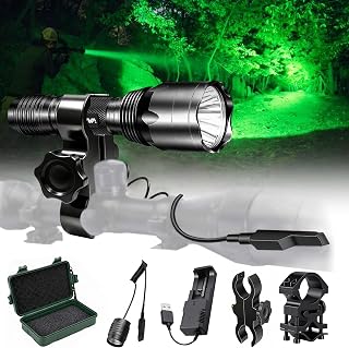 VASTFIRE 350 Yard LED Green Flashlight Kit - Hog Predator Long Range Night Hunting Light - Dual Pressure Switch - Barrel Scope Mounts (1 Rail, 1 Scope) - 2 Rechargeable Batteries