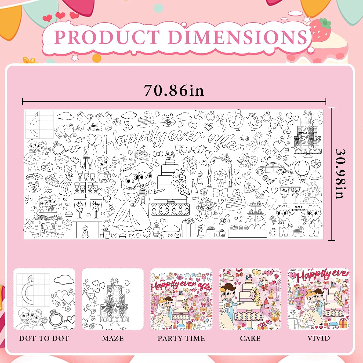 Bridal Giant Coloring Poster for Kids - 31.5 x 72 Inch Cute Wedding Large Coloring Sheets for Kids Activity Games, Happily Ever Love Giant Drawing Tablecloth Gift for Bride and Groom Wedding