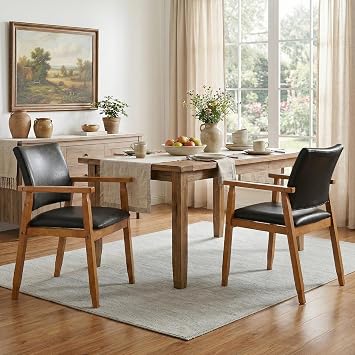 NOBPEINT Mid-Century Modern Dining Chairs with Armrest Set of 2, PU Leather Upholstered Dining Room Chairs with Solid Wood Frame, Walnut Kitchen Armchairs for Kitchen Living Room Restaurant, Black