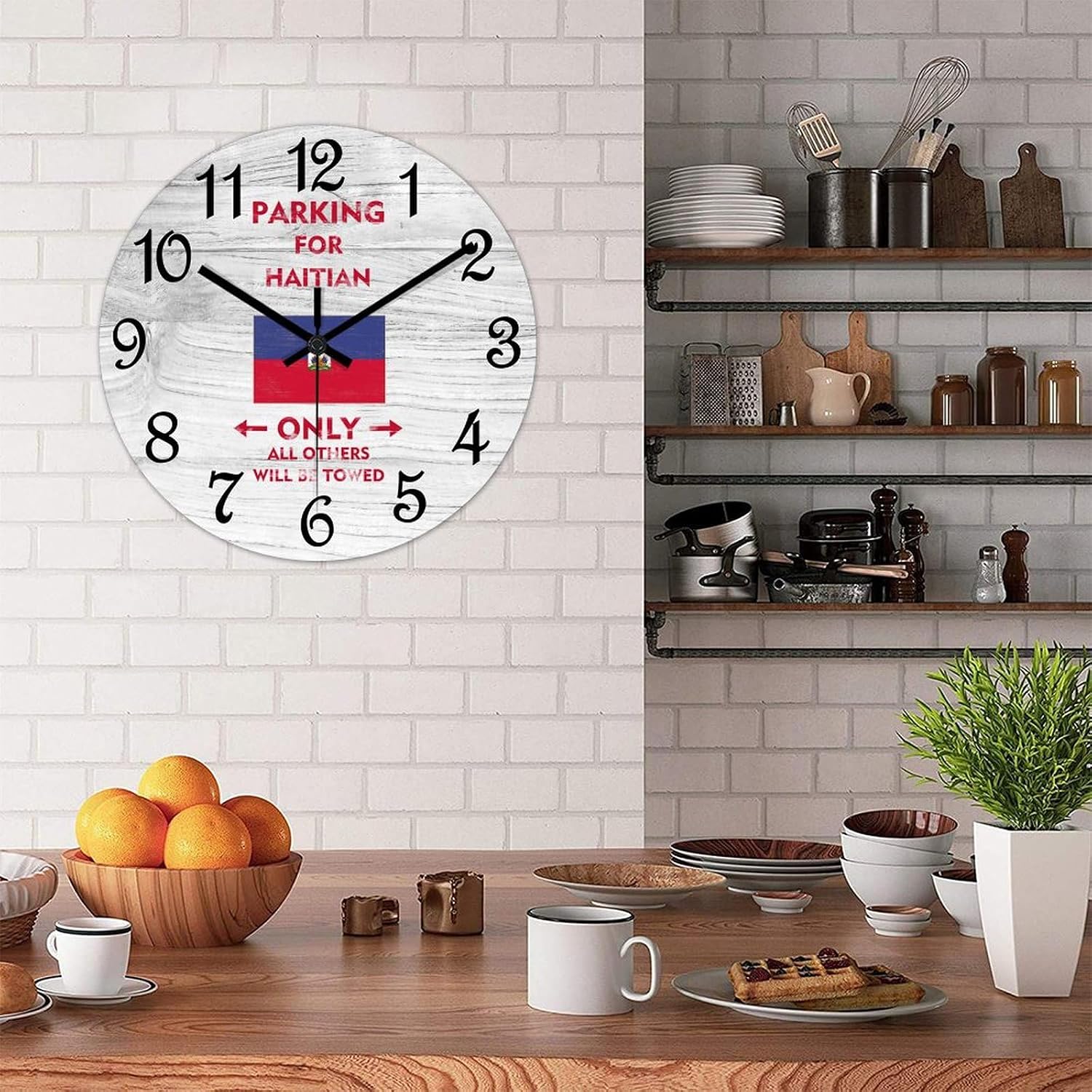 15 Inch PVC Wall Clock Haiti Flag Digital Wall Clock Parking for Haitian Only All Others Will Be Towed Large Clock Wall Decorations for Bedroom Office School Decorations