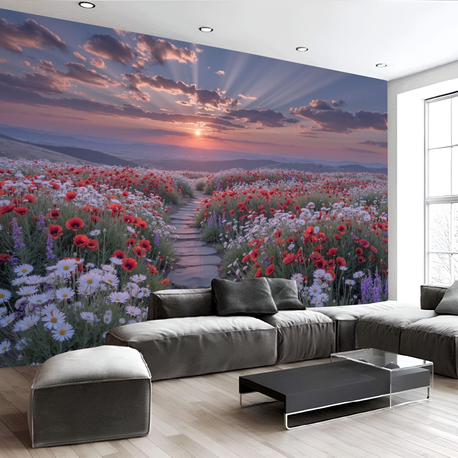 Soie murale de luxe papier peint panoramique paysage réaliste 300x210 cm orange