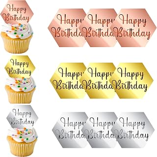 9 Pcs Happy Birthday Cupcake Toppers,Mirror Acrylic Cupcake Toppers,Hexagon Birthday Engraved Topper,Birthday Party DIY Dessert Cupcake Decoration