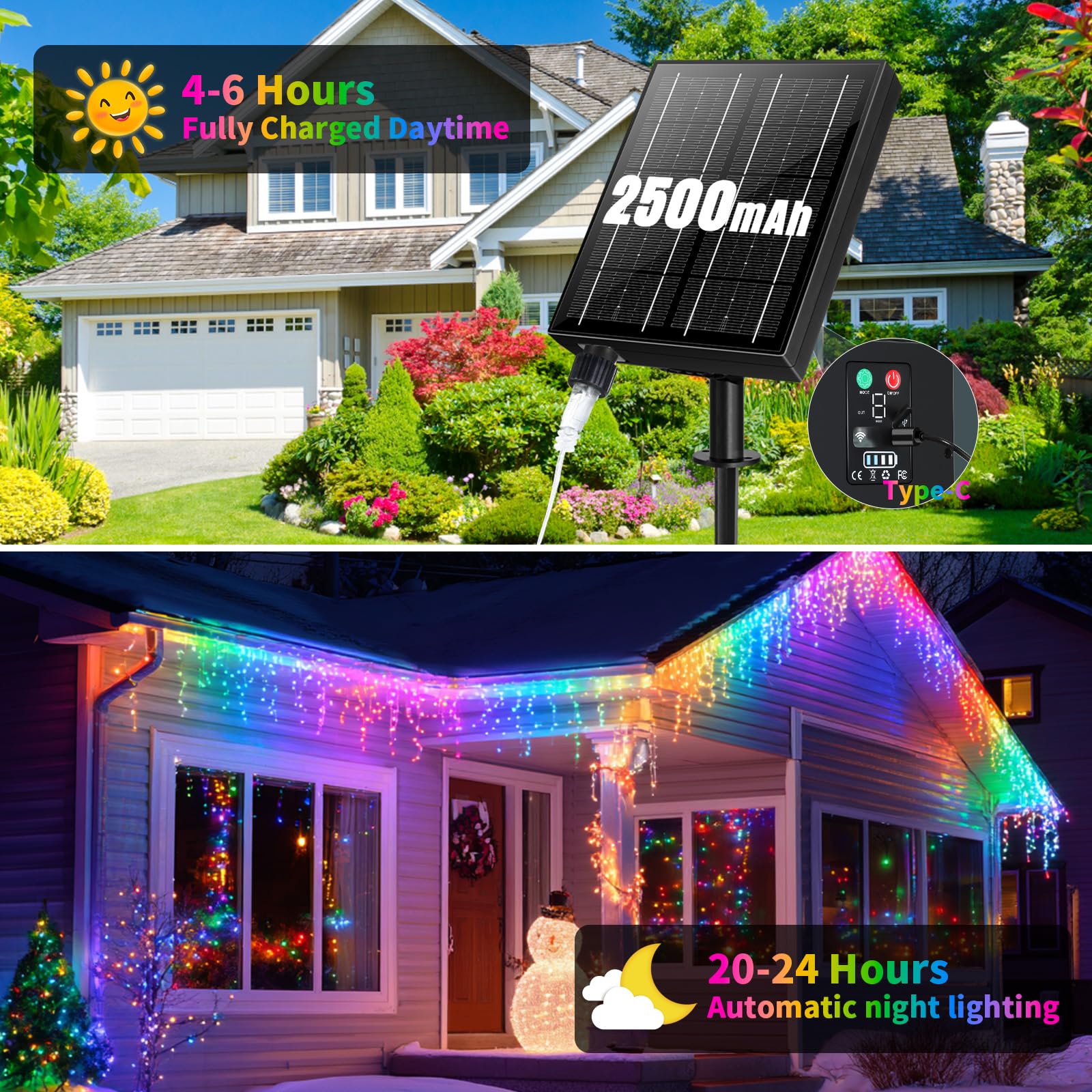 3 IN 1 Eisregen Lichterkette Solar [25m +5m], 2500mAh 660LEDs Weihnachtsbeleuchtung Außen,8 Modi,Erweiterbar, Lichterkette Außen USB-Strom,IP65 Wasserdicht Mit Fernbedienung Timer