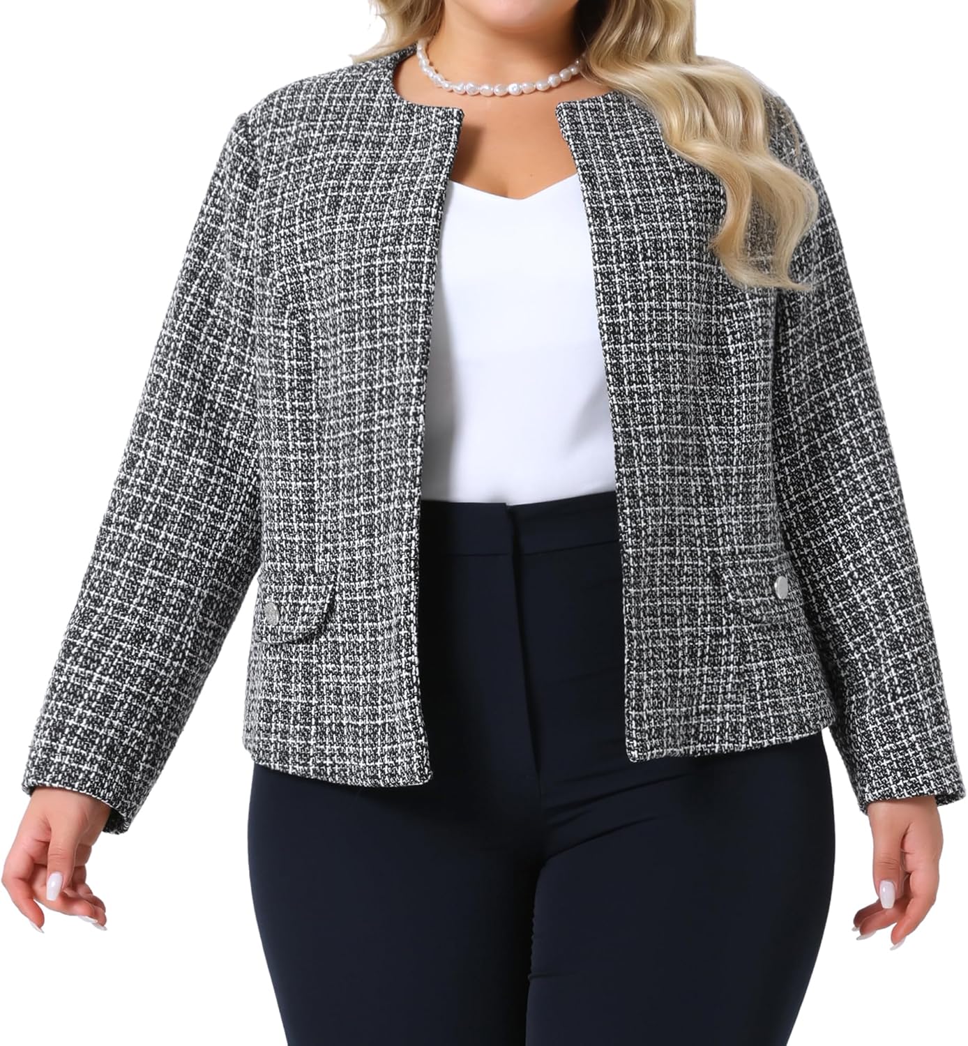 Agnes Orinda Plus Size Tweed Blazer for Women Collarless Long Sleeve Open Front Work Business Jacket Suits Casual 2025