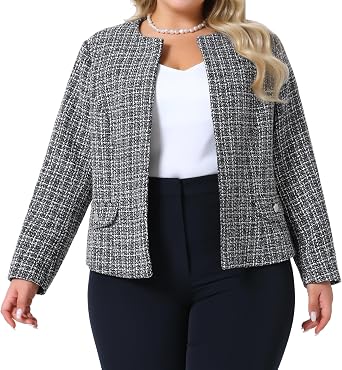سترة نسائية من Agnes Orinda مقاس كبير من التويد بدون ياقة وأكمام طويلة ومفتوحة من الأمام وبدلات عمل كاجوال