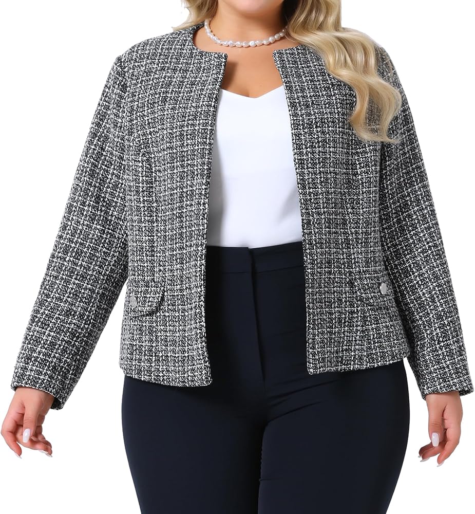 Agnes Orinda Plus Size Tweed Blazer for Women Collarless Long