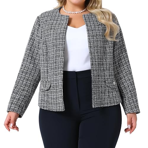 Agnes Orinda Plus Size Tweed Blazer for Women Collarless Long