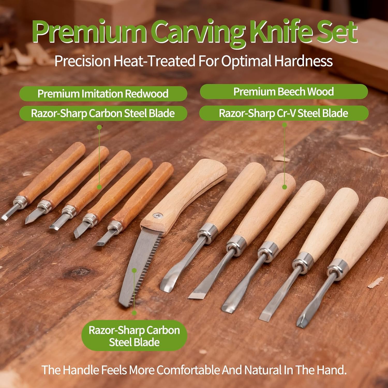 Wood Carving Kit - 15Pcs Wood Carving Tools Set,Carving Knife Set with 5Pcs Chisel Knives,5Pcs Detail Carving Knives,1Pc Folding Saw,1Pc Carpenter Clamp,Wood Chisel Sets for Beginners Adults Kids