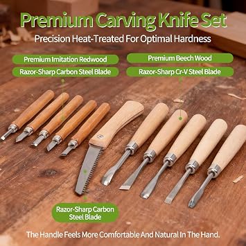 Wood Carving Kit - 15Pcs Wood Carving Tools Set,Carving Knife Set with 5Pcs Chisel Knives,5Pcs Detail Carving Knives,1Pc Folding Saw,1Pc Carpenter Clamp,Wood Chisel Sets for Beginners Adults Kids