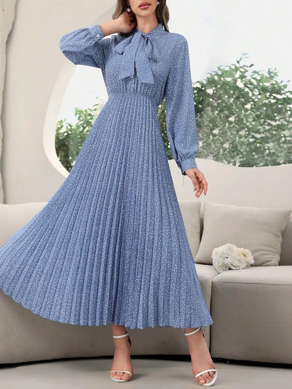 SKAYS Women's 2025 Fall Long Sleeve Dress Casual Party Elegant Flowy Pleated A-Line Midi Dresses - Image 2