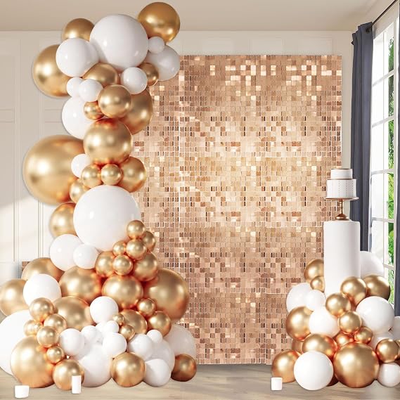 48 PCS Champagne Shimmer Wall Backdrop, Square Sequin Photo Backdrops Panel, Glitter Wall Background for Birthdays, Weddings, Halloween, Engagements, Disco Bachelorette Party Decoration (6FTx8FT)
