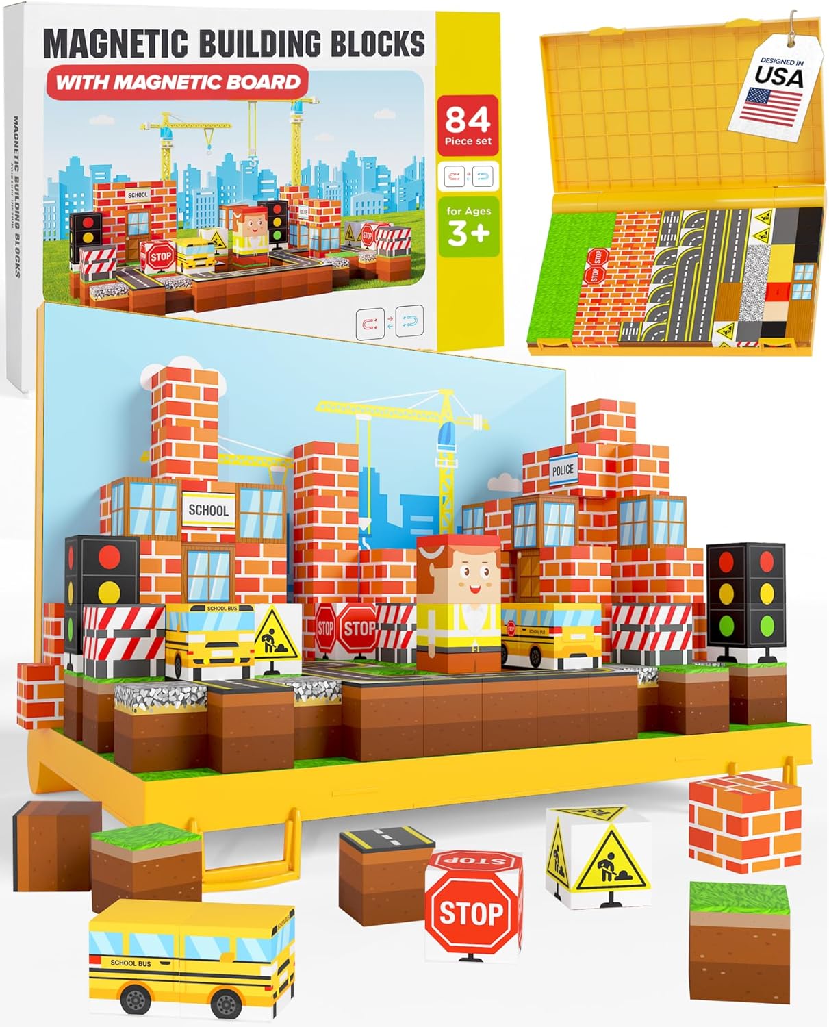 Gift-Ready Magnetic Building Blocks for Kids, Magnet Cubes — Construction Site Toy Building Sets with Magnetic Storage Board — 84-Piece Pixy Stacking STEM Building Toys for Boys & Girls Ages 3 to 12