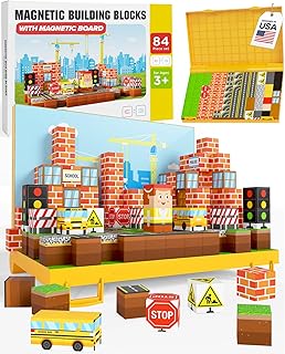 Gift-Ready Magnetic Building Blocks for Kids, Magnet Cubes — Construction Site Toy Building Sets with Magnetic Storage Board — 84-Piece Pixy Stacking STEM Building Toys for Boys & Girls Ages 3 to 12