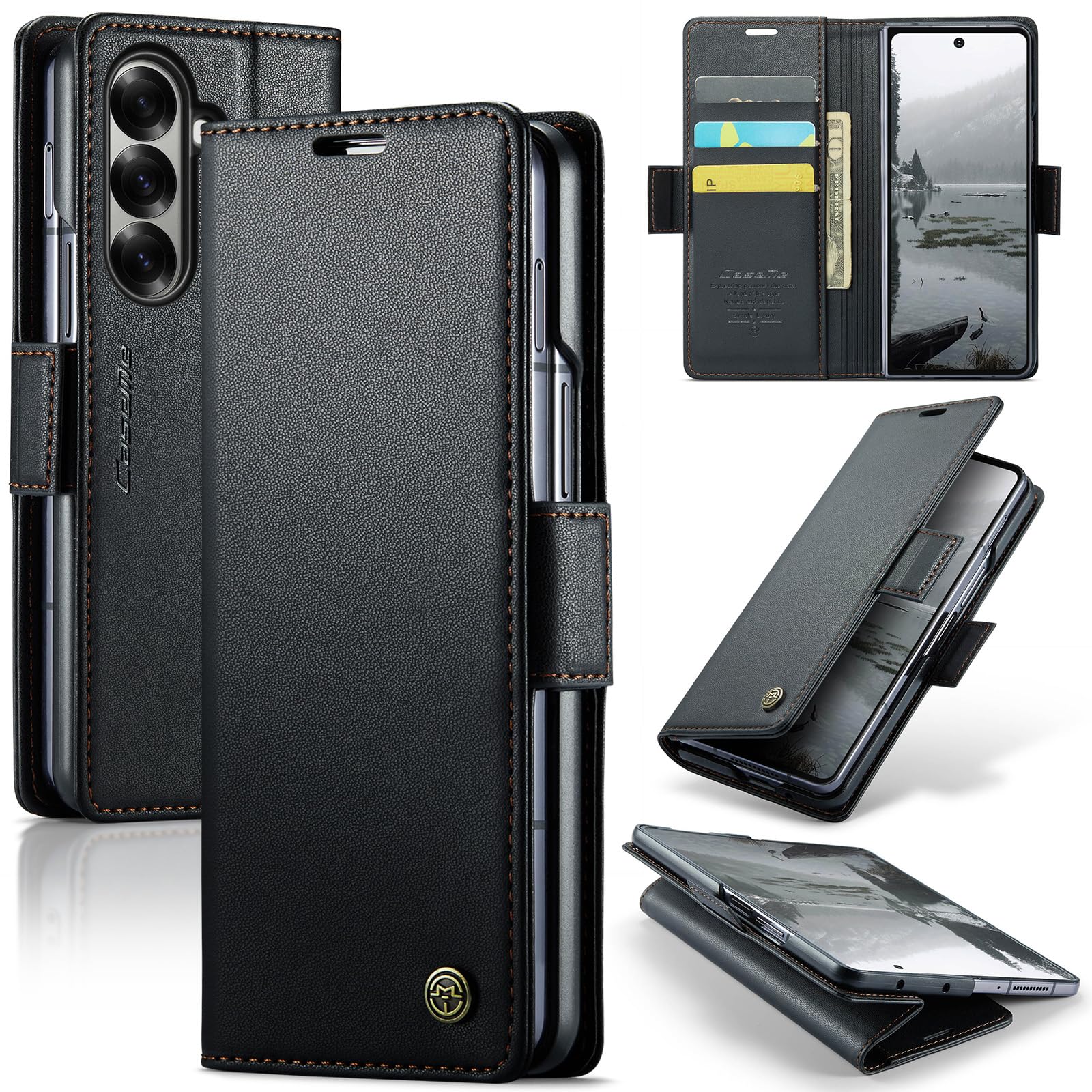 Case for Z Fold 7 Leather Wallet Flip Cover with Card Holder,Kickstand, Magnetic Closure,TPU Protection Phone Housse Compatible with Samsung Fold 7 - Black