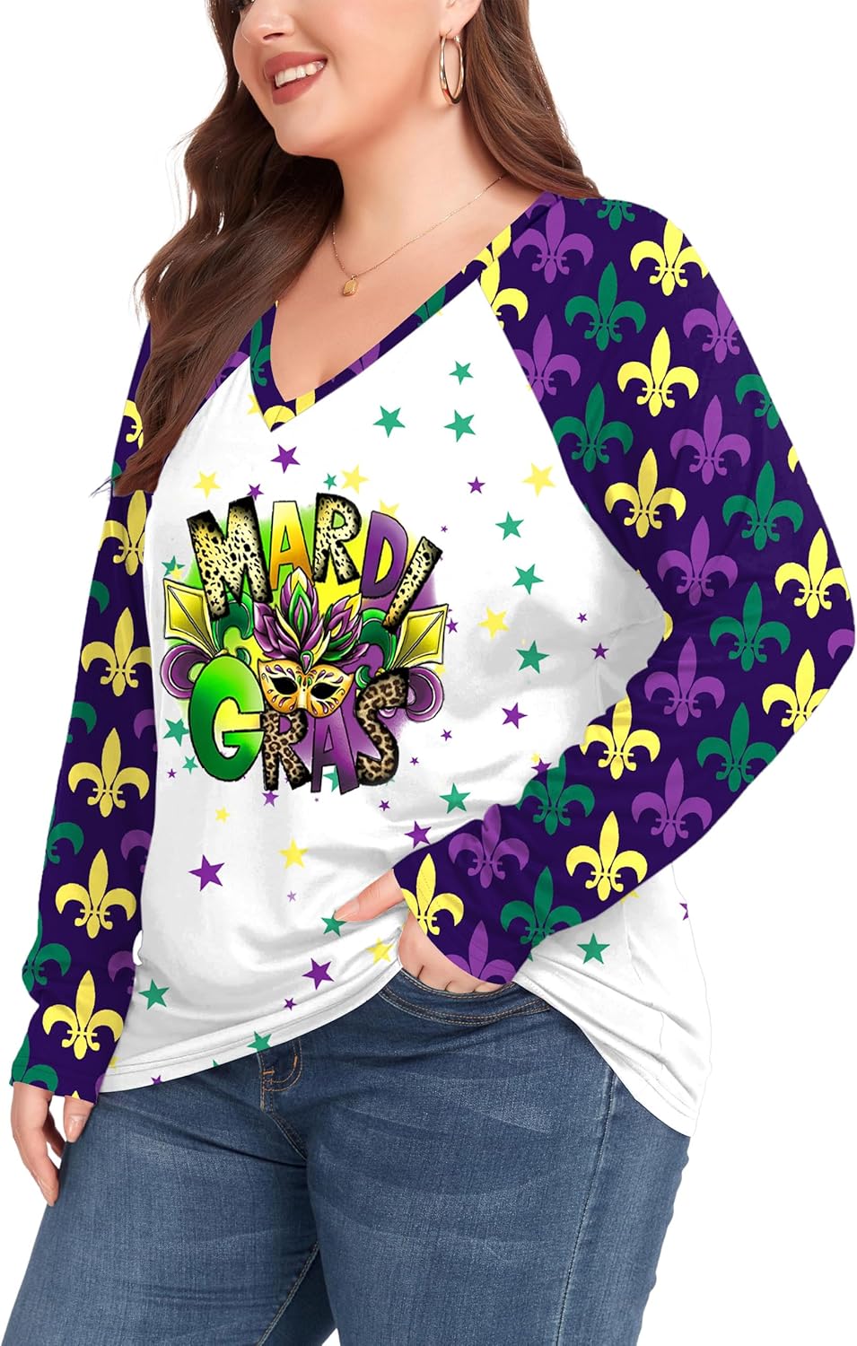 Plus Size Mardi Gras Shirt: Fat Tuesday Carnival Vneck Tshirt Carnival Outfit Long Sleeve Tops - Image 4