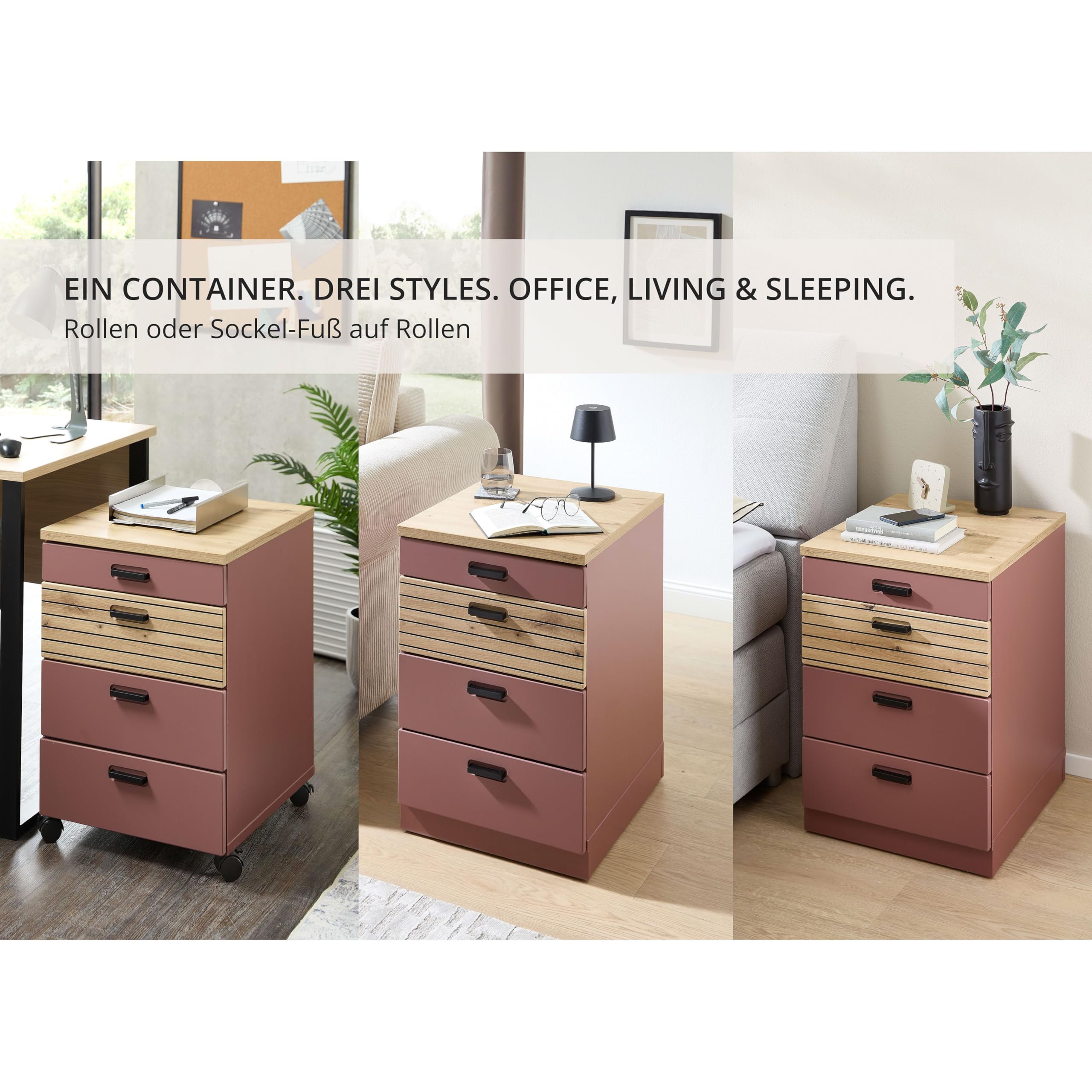 GLENN Rollcontainer Schreibtisch Rusty Red Artisan Eiche Optik | 45 x 66 x 55 cm (B/H/T), 4 Schubkästen, Lamellenoptik, 4 Rollen mit Bremse, abnehmbarer Sockel, Büro