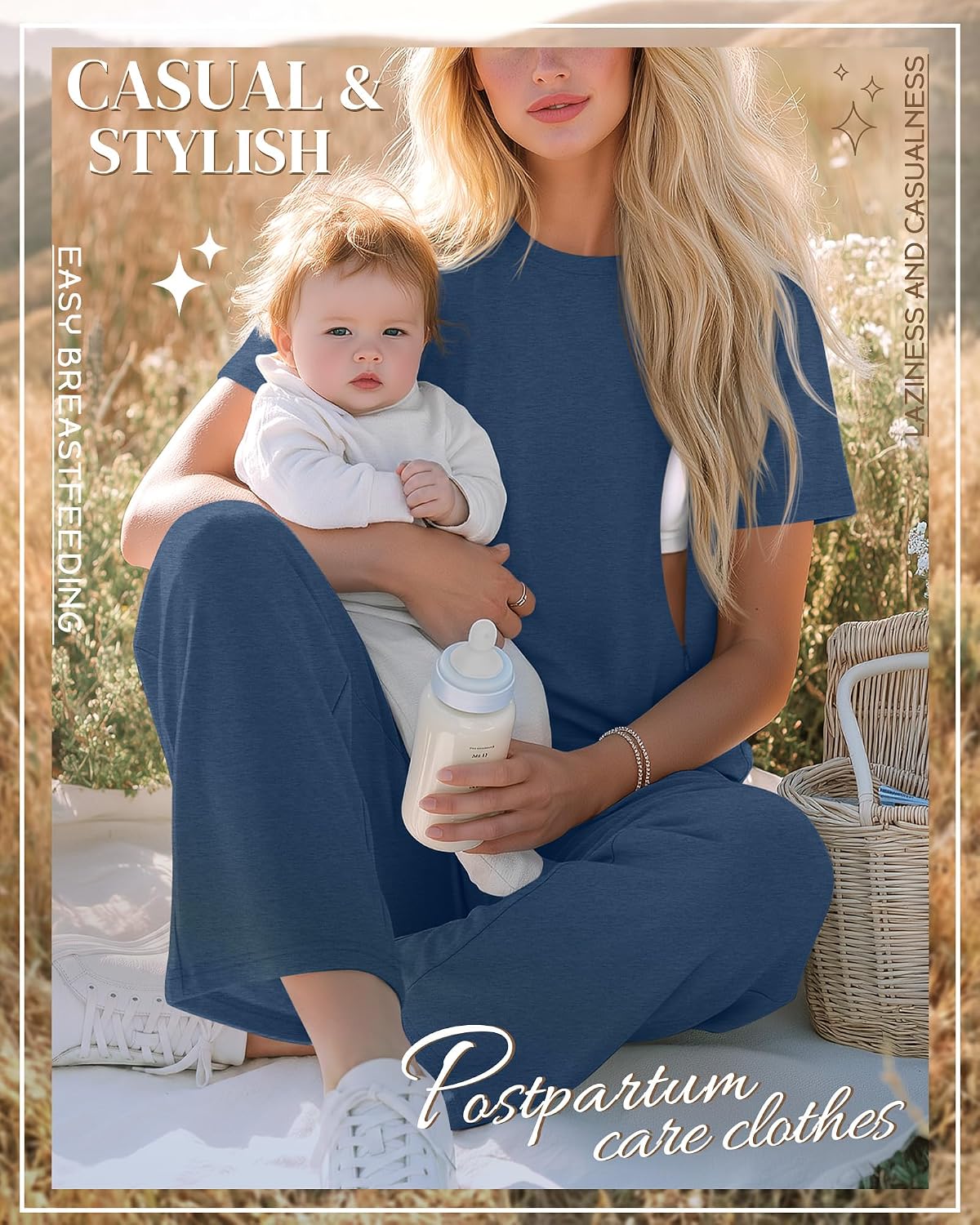 Ficerd Women's Maternity Nursing Sets Breastfeeding Pregnancy T-shirts with Zipper Mama Outfit Postpartum Lounge Clothes