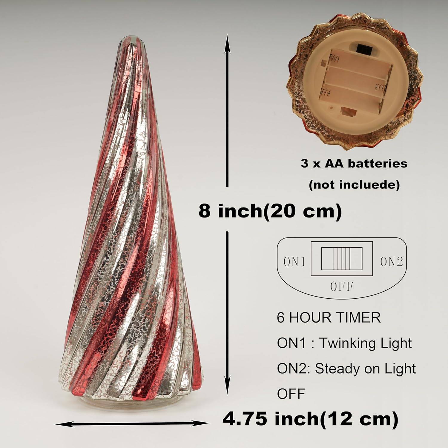 8-Inch Mercury Glass Christmas Tree with Lights, 6-Hour Timer, Battery-Operated Holiday Decoration, Steady-On and Twinkling Light Effects for Festive Atmosphere and Gifting-Red and Gold