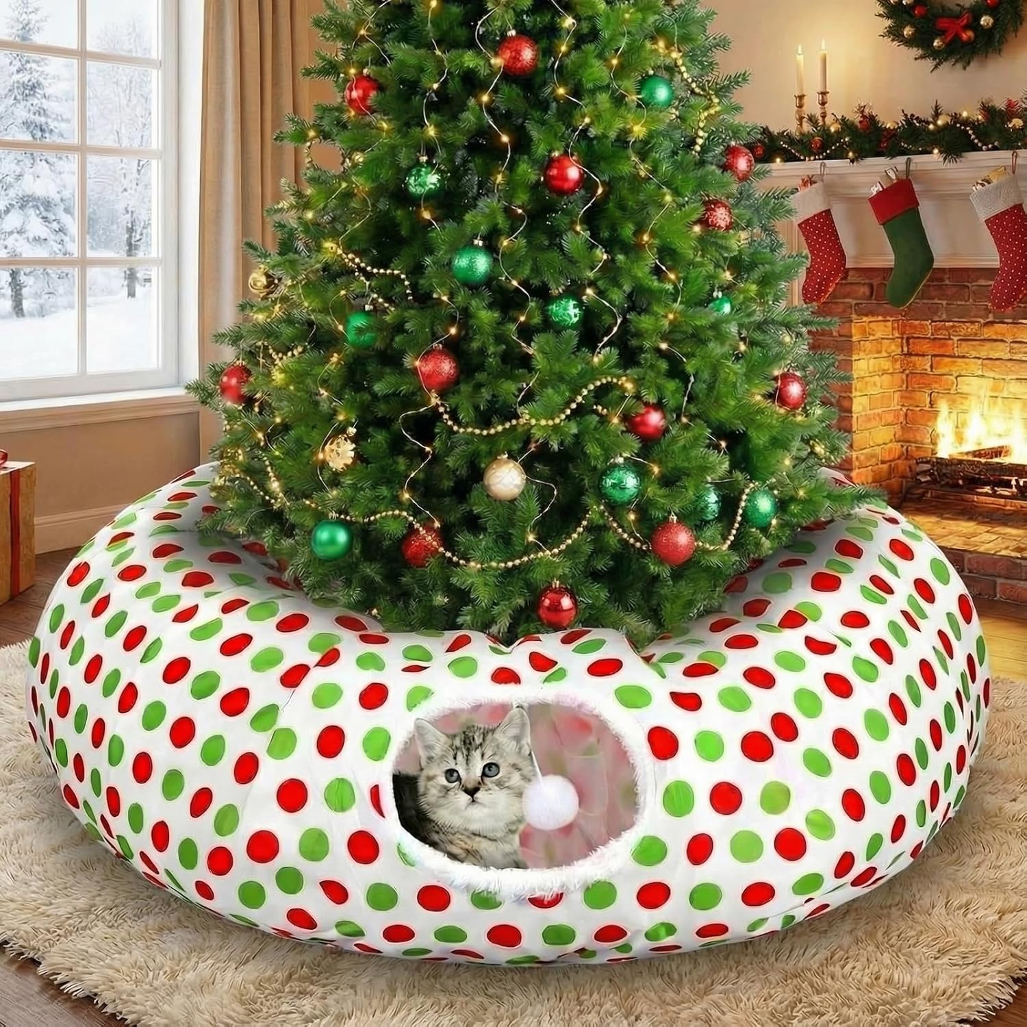 Soulchen Cat Tunnel Christmas Tree Skirt 3ft x 3ft Red and Green Bed Cat Tunnel Under Christmas Tree Protector Collapsible Bed with Ball Washable Cushion for Kitten Indoor Peekaboo Xmas Gifts