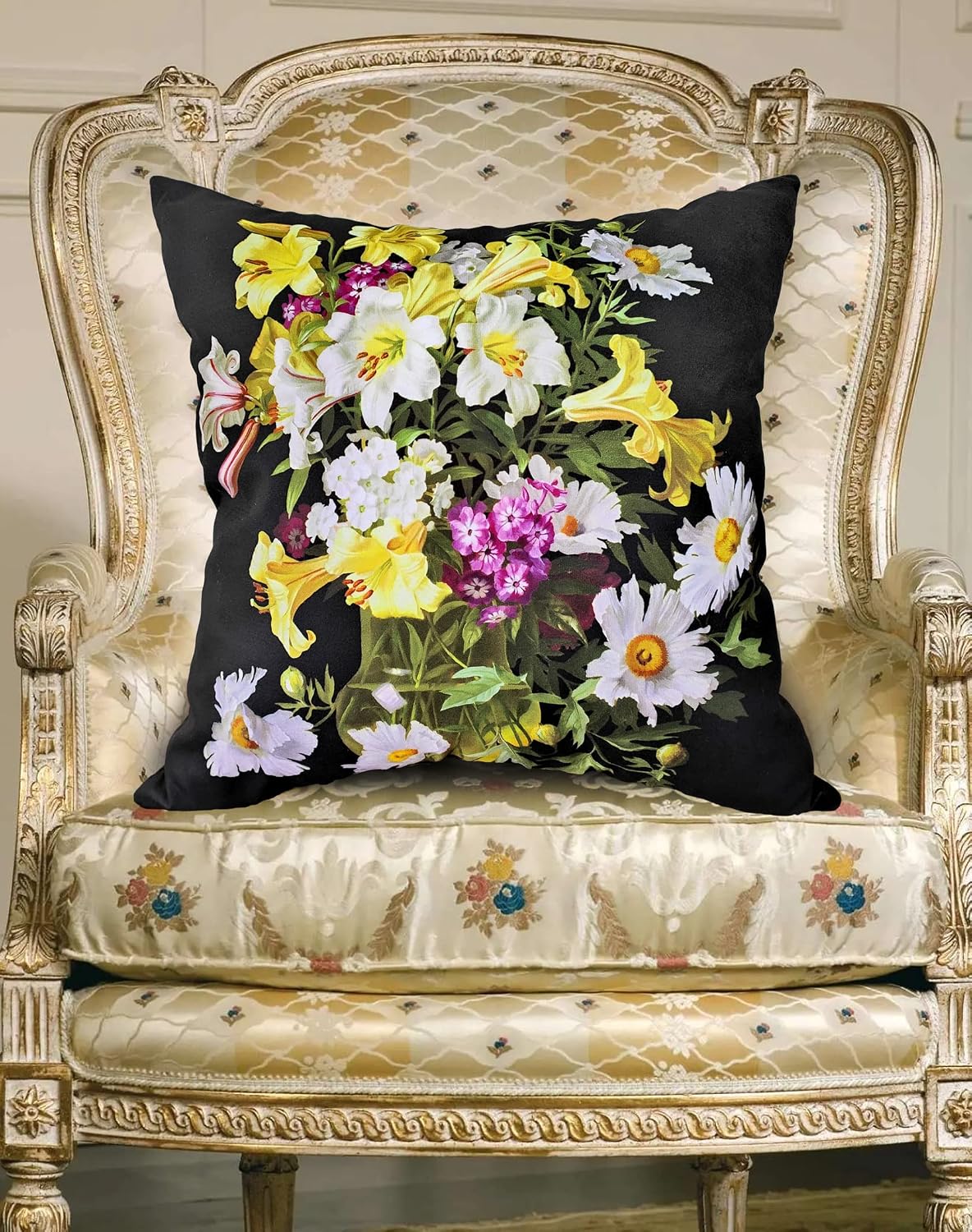 Floral Throw Pillow Cover 24x24 Inch, Vintage Lily & Daisy Bouquet Cushion Case, Black Background Decorative Pillowcase for Sofa, Couch, Bedroom & Living Room