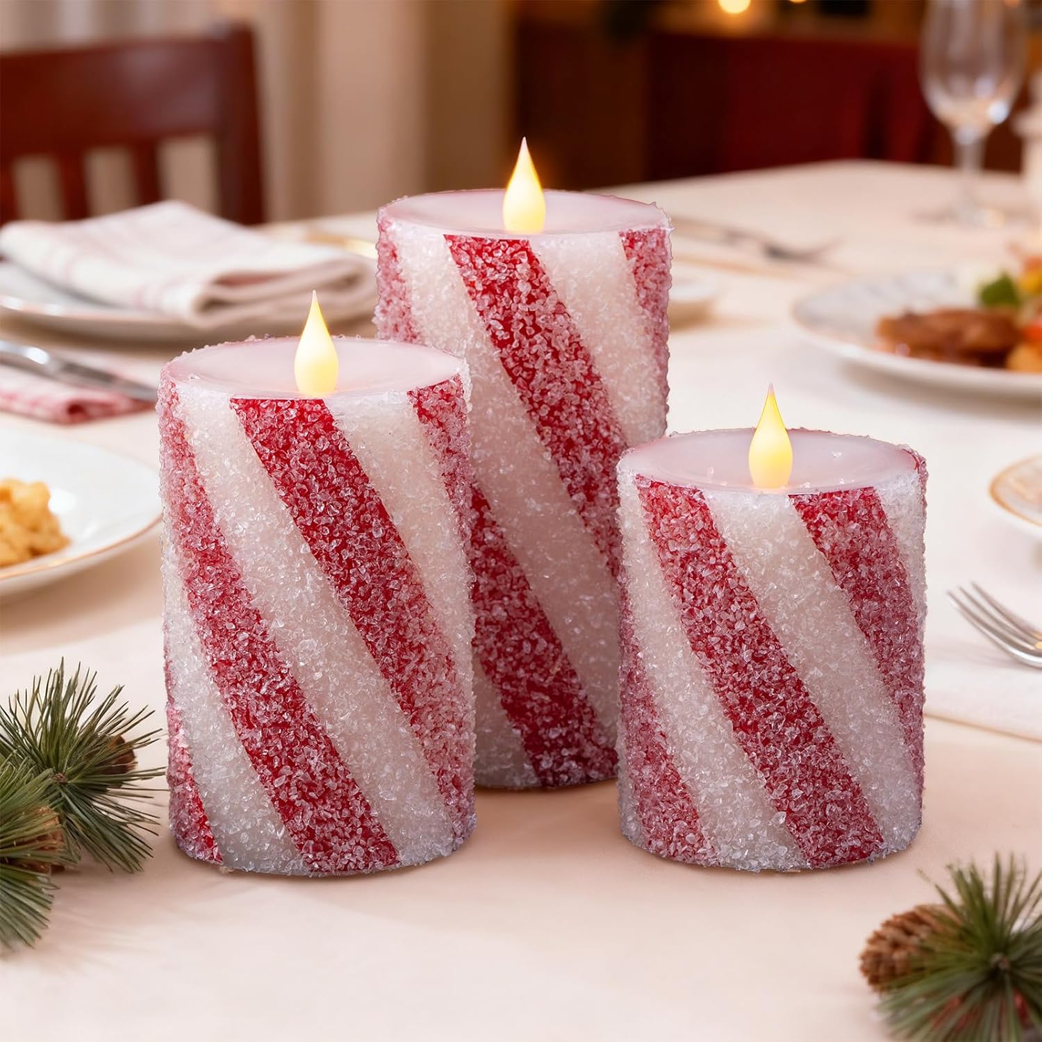 3 Pcs Christmas Candy Cane Stripe Flameless Candles, Real Wax Red &White Glitter Striped LED Pillar Candles with Battery Operated Flickering Flame for Xmas Party, Wedding, Home Decoration D3 x H4"5"6"