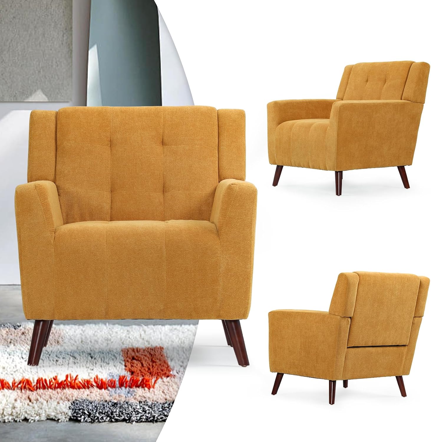 Magshion Upholstered Linen Accent Chair, Comfy Button Tufted Arm Chair, Modern Armchair with Solid Rubberwood Leg, Wingback Living Room Chair for Office, Bedroom, Yellow