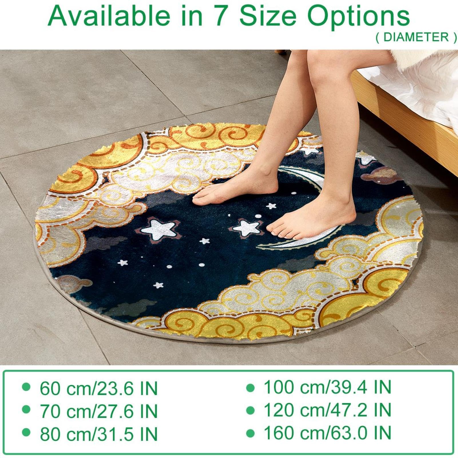 Grand tapis rond moelleux de luxe à poils longs - Tapis doux et antidérapant - Motif lune, étoiles, ciel nocturne - 100 cm - Pour chambre d'enfant