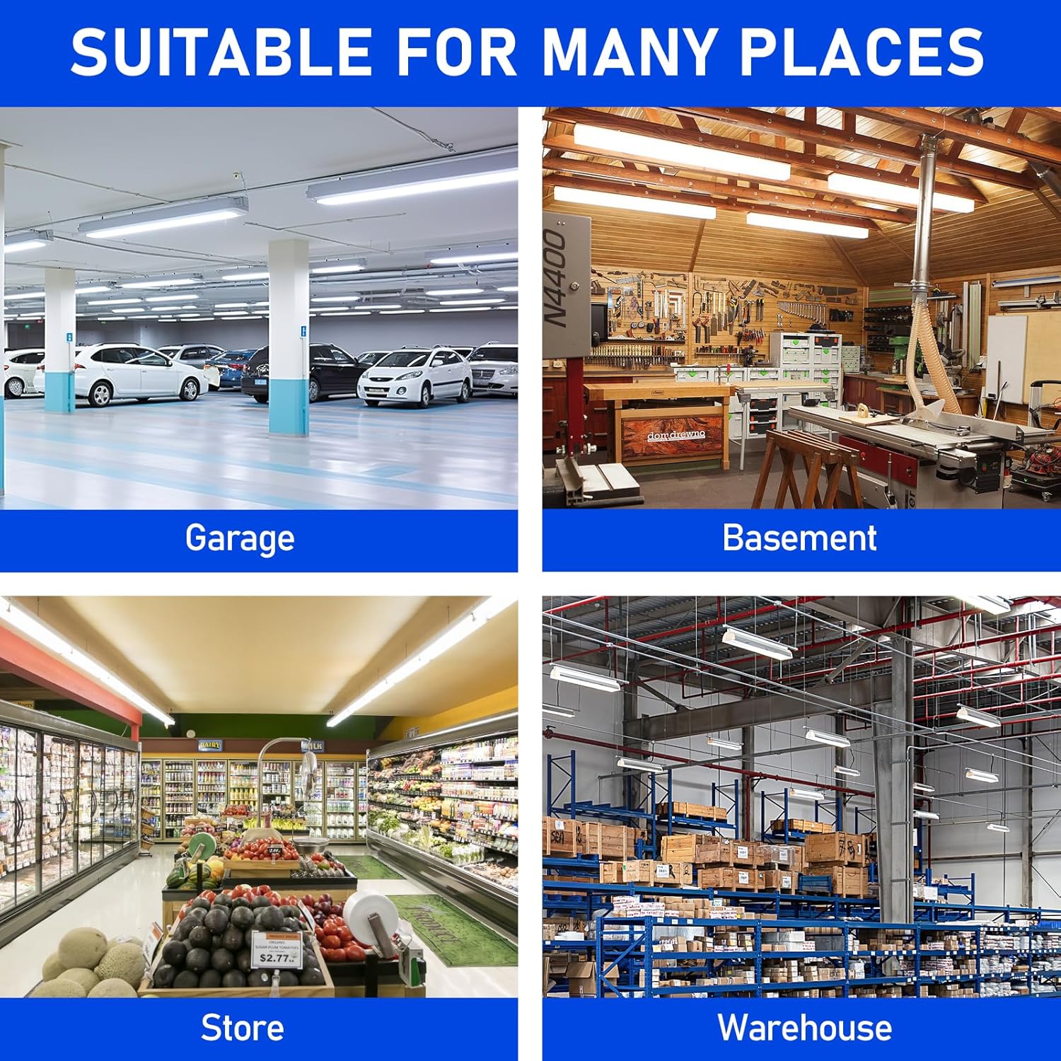 8FT LED Linear Strip Light, Super Bright 8 Foot LED Shop Lights 100W 90W 80W 70W 50W/6CCT 3000K-6500K Selectable, Flush Mount or Hanging 0-10V Dimmable Commercial Garage Ceiling Light, ETL DLC(4 Pcs)