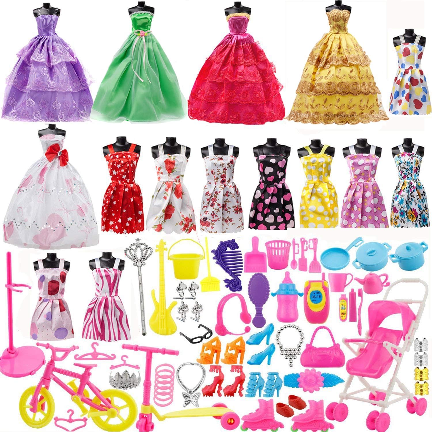 Yourss Doll Clothes Set for Barbie Dolls, 15 Pack Clothes Party Grown Outfits and 98pcs Different Doll Accessories Shoes Bags Necklace Tableware for Little Girl Birthday