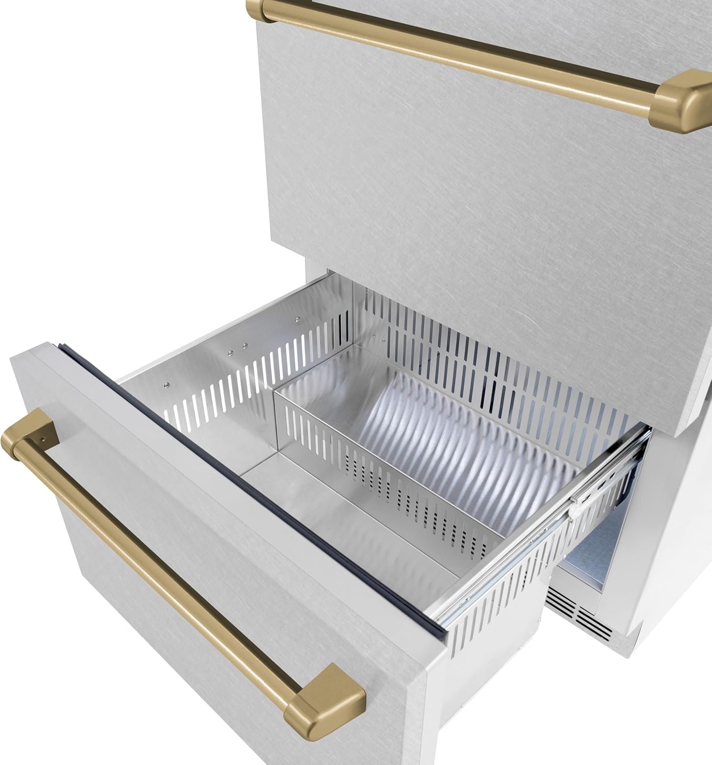 ZLINE Autograph Edition 24 in. Touchstone 168 Can Outdoor-Rated Dual Refrigerator Drawer with Satin Stainless Steel Doors and Champagne Bronze Handles (RDSOZ-SN-24-CB)