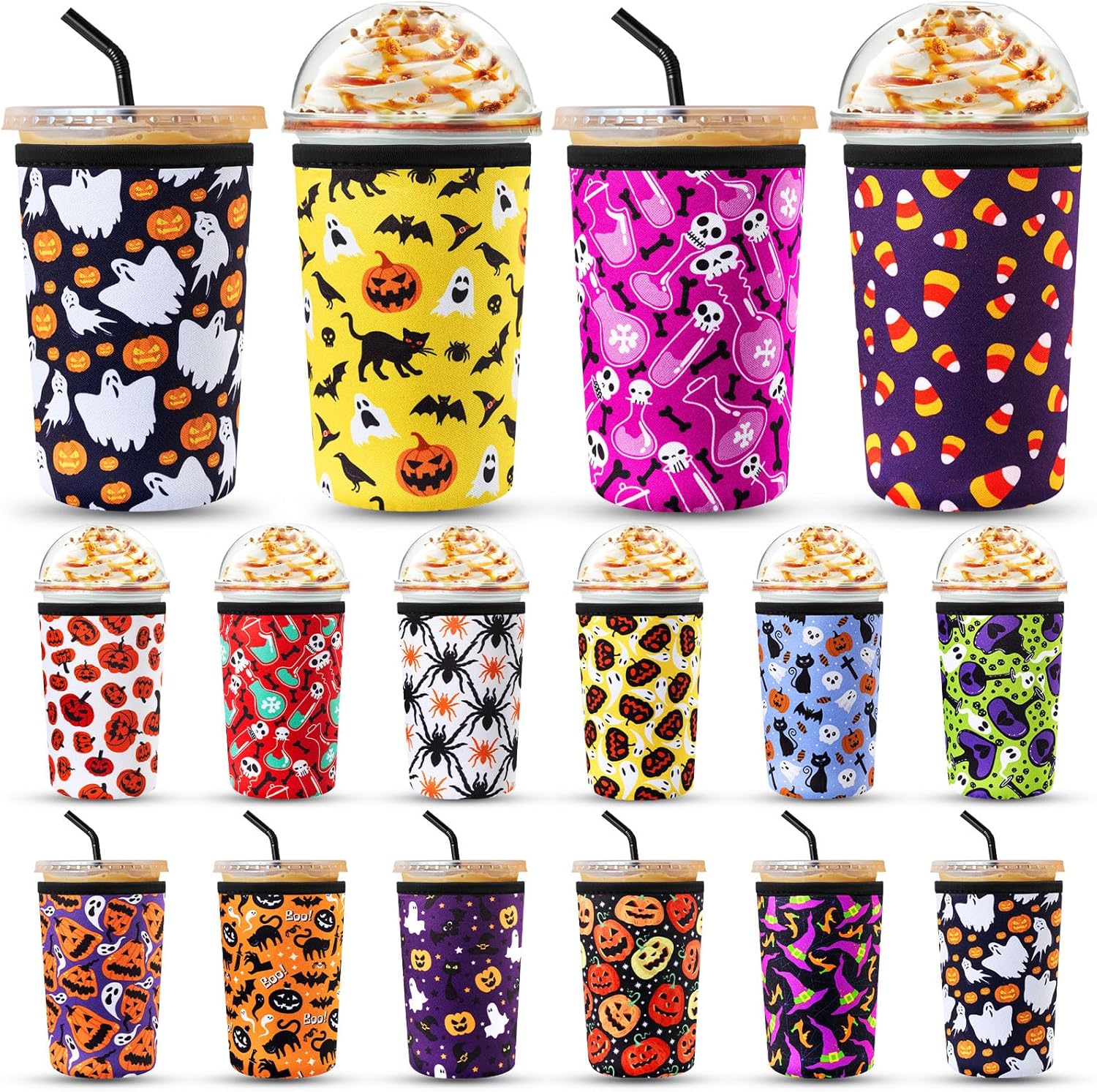 16 Pcs Halloween Iced Cup Sleeves Bulk Reusable Drink Cup Sleeve Neoprene Insulator Tumbler Holder for Cold and Hot Beverages Soda