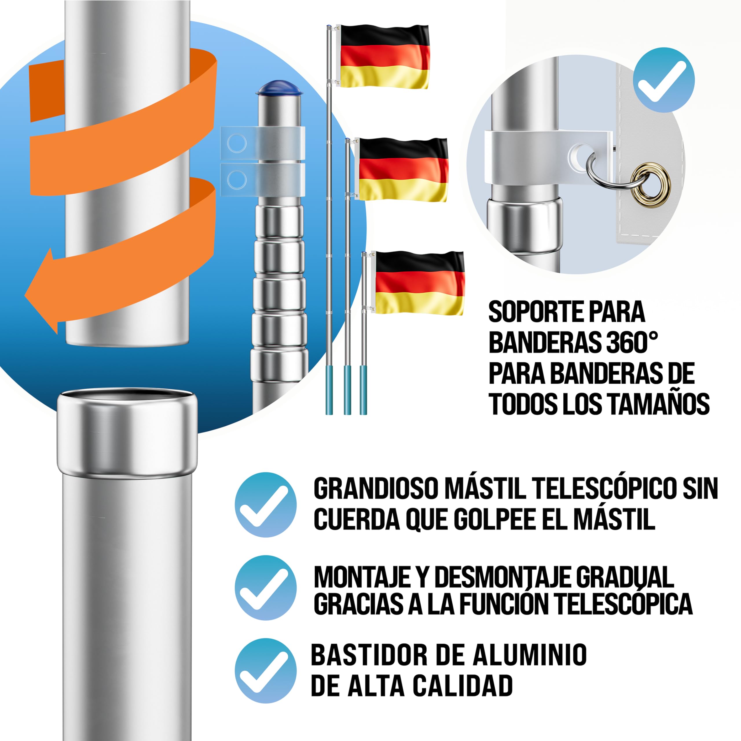 MONZANA® Asta Bandera Aluminio 6,30m Telescopica incl. Anclaje Suelo 60cm Bandera Alemania Alemana