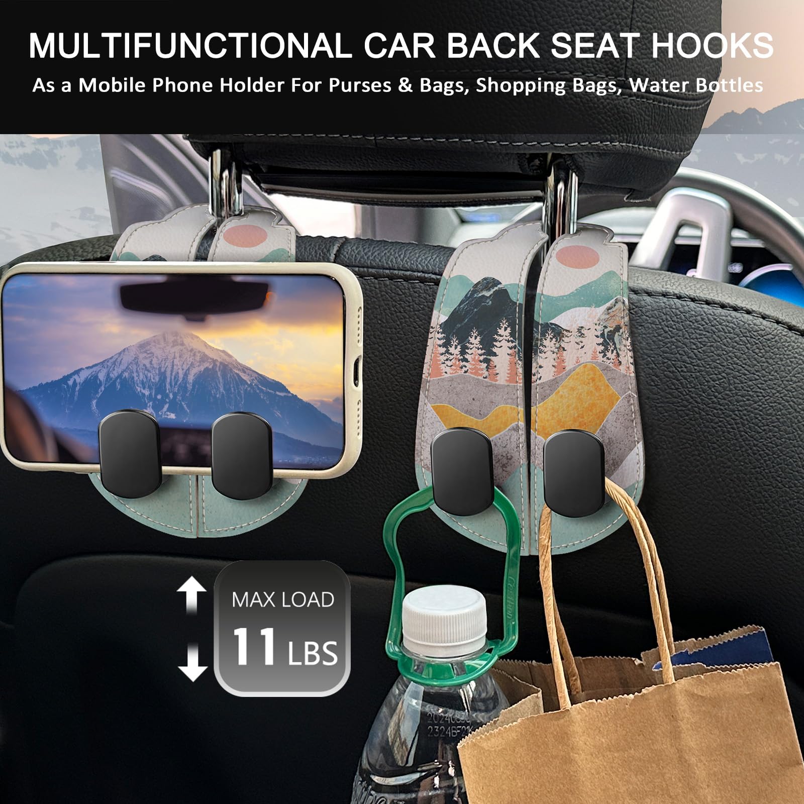 Blusabaca 2 ganchos de almacenamiento para reposacabezas de asiento de coche, soporte para bolso de coche, gancho doble de metal de piel sintética para organizador de asiento trasero, accesorios