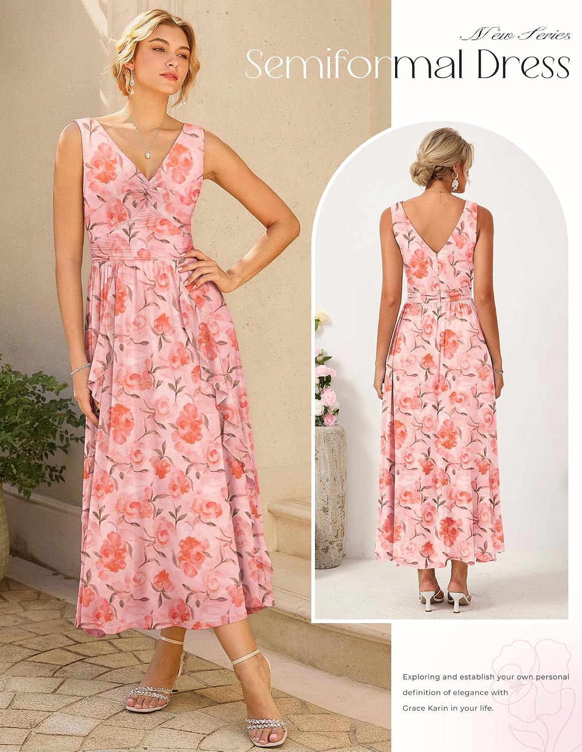 GRACE KARIN Women's Summer Sleeveless Floral Maxi Dress V Neck Formal Wedding Guest Dress A Line Beach Vacation Clothes