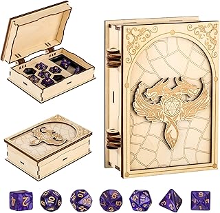 Dice Storage Box with 7 Purple Polyhedral Dices, Wooden Relief Double Head Dragon Dice Storage Case, D&D Game Nights Accessories, Role Playing Board Games Exhibits, DND Gifts for Fantasy Player