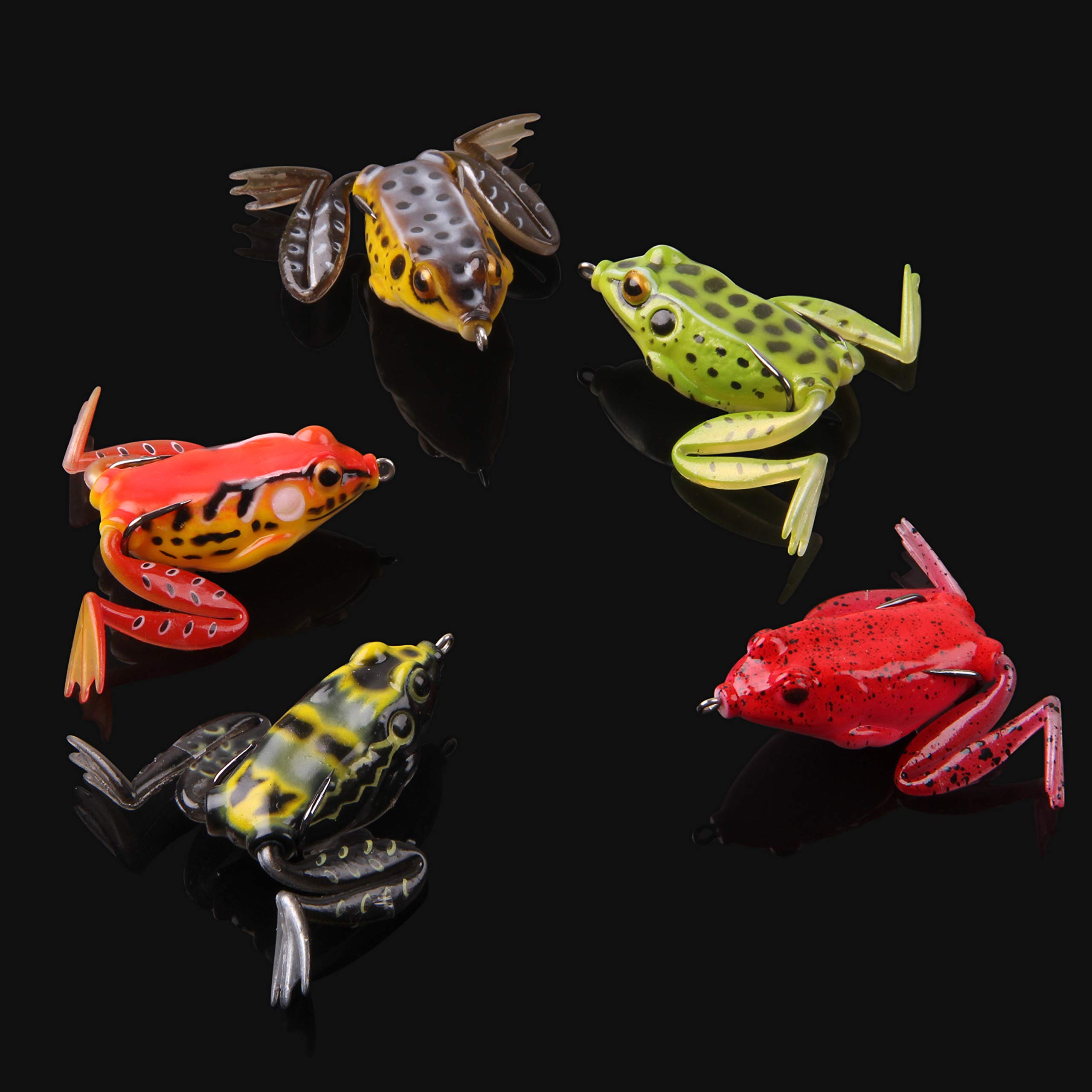 Grenouille Topwater Leurres de Pêche 5pcs Jump Frog Bait avec Hameçons Doubles Leurres Creux d'eau Douce avec Boîte à Outils pour Bass Brochet Saumon