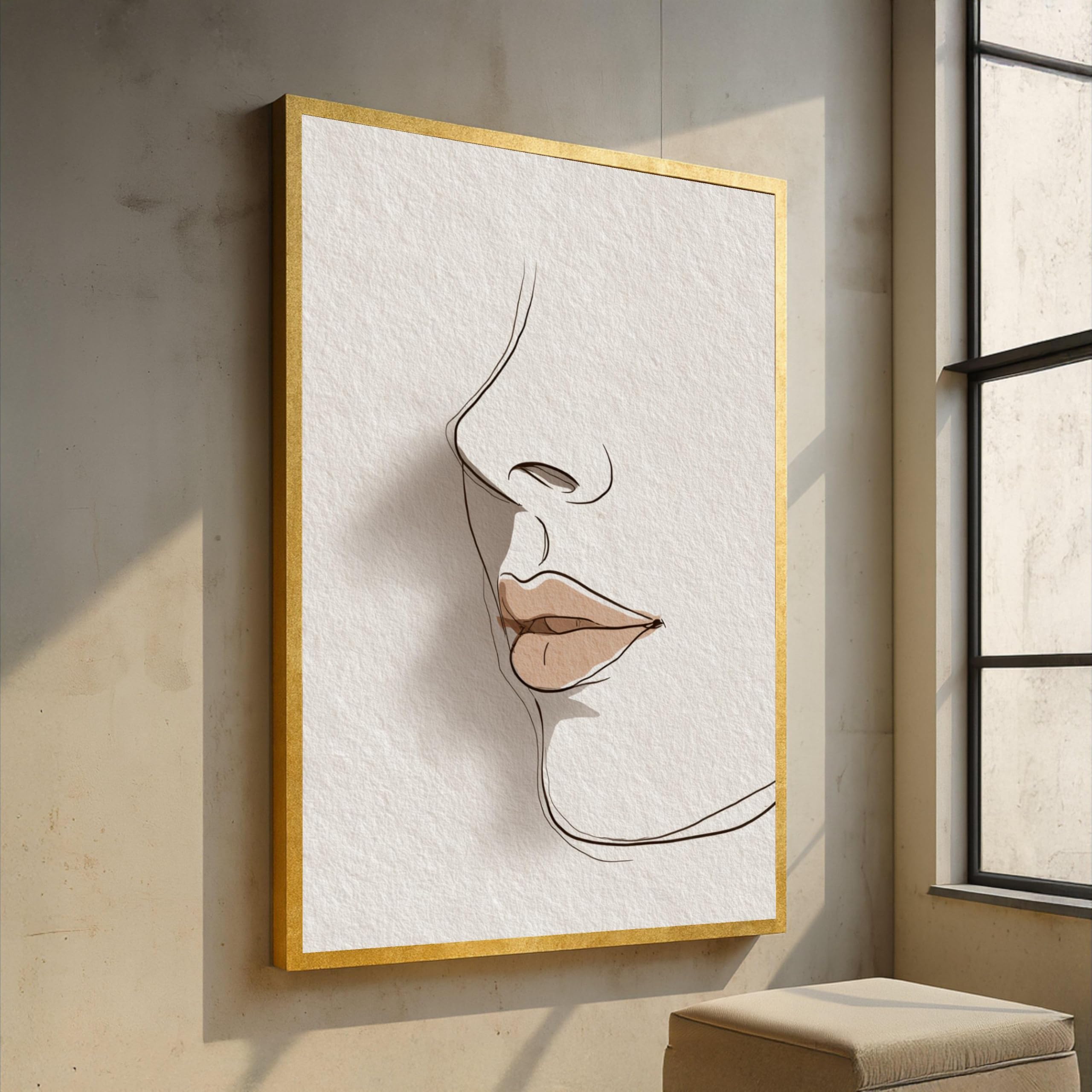 CAOXTART Minimalist Female Profile Canvas Painting, Lips Face Wall Art, Modern Line Art Canvas Print, Neutral Tones Home Decor(70x110cm/Frameless)