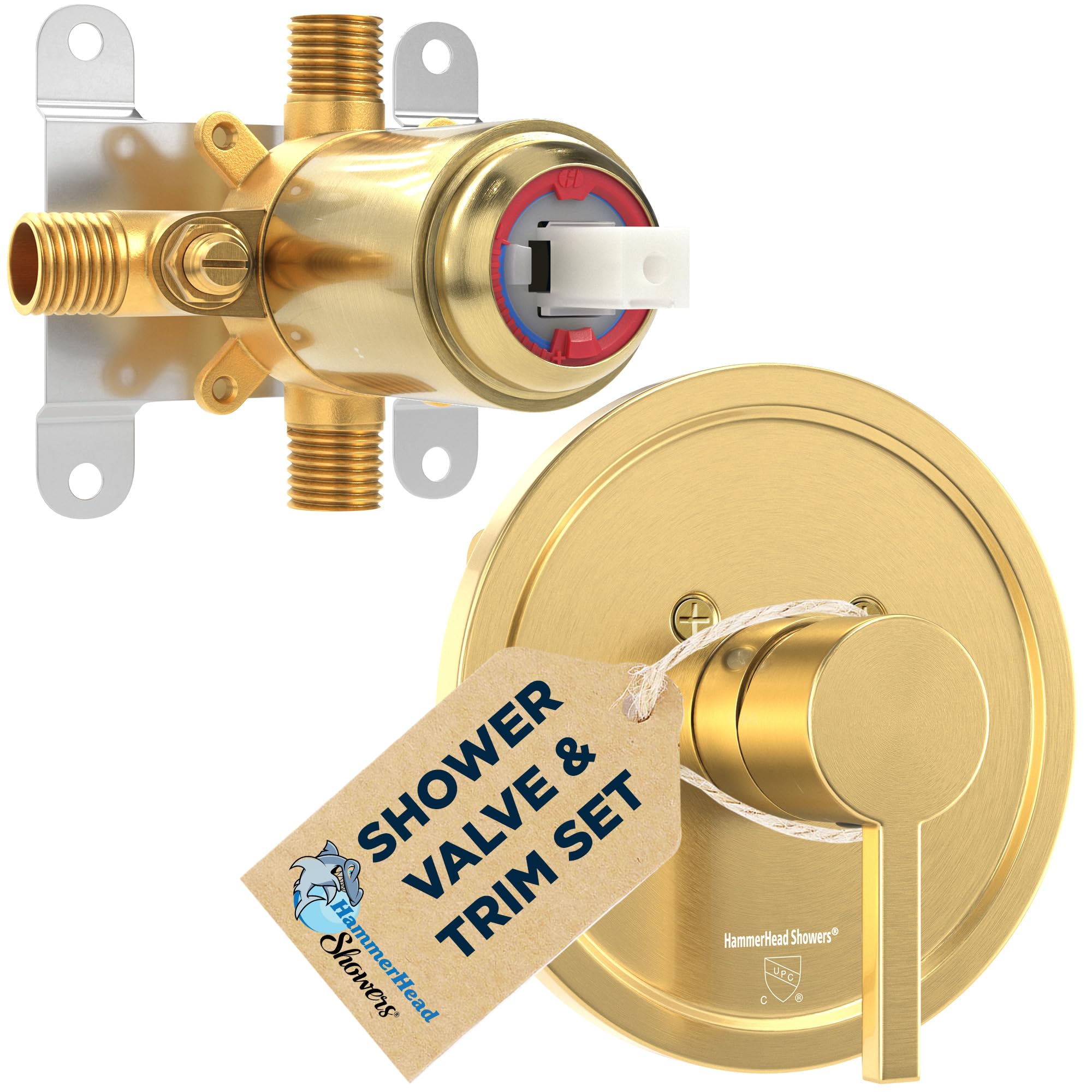 HammerHead Showers Solid Metal Single-Handle Trim Kit with Rough-In Shower Valve, Volume and Temperature Control, Pressure Balance, Brushed Gold